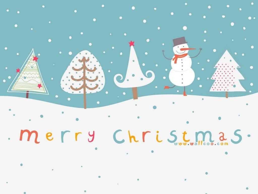 snowman, stylized decorated Christmas trees, falling snow, SD Desktop Wallpaper
