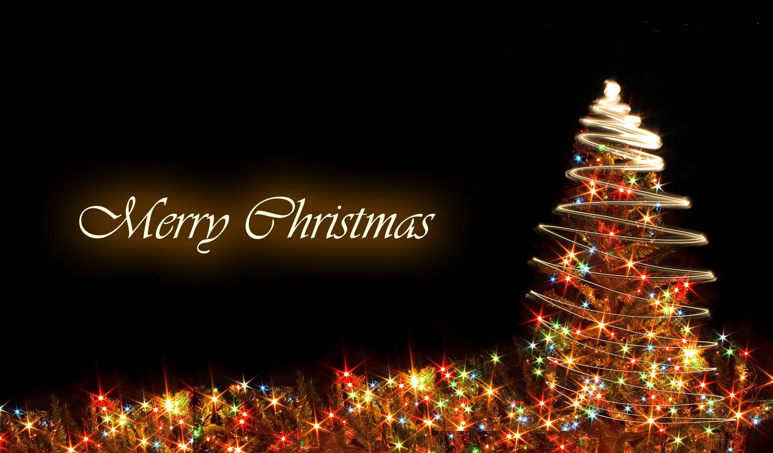 Simple Black Christmas Laptop, Christmas tree, colorful lights, 2K Desktop Wallpaper