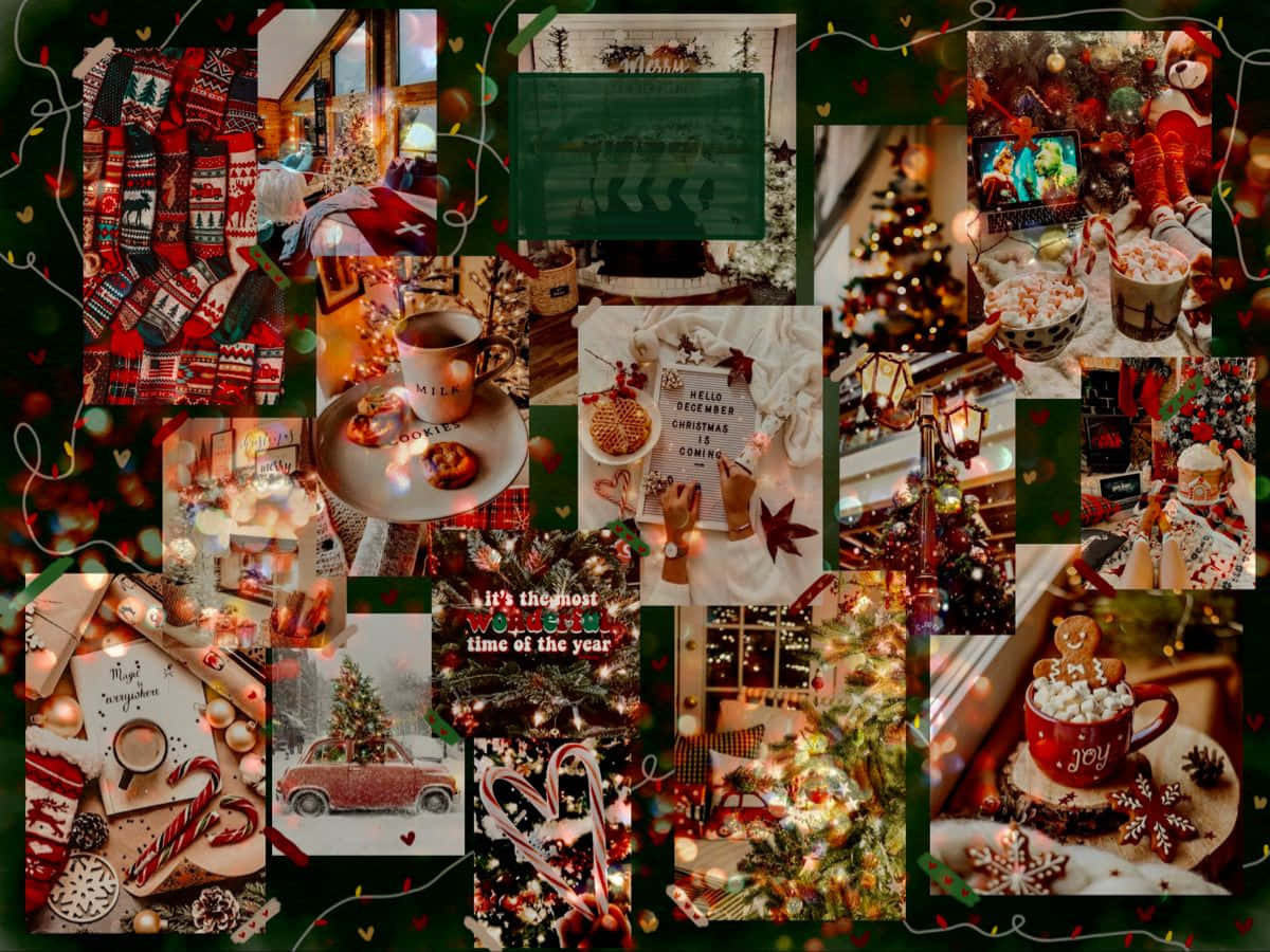 Christmas collage laptop, cozy Christmas scenes, decorated trees, SD Desktop Wallpaper