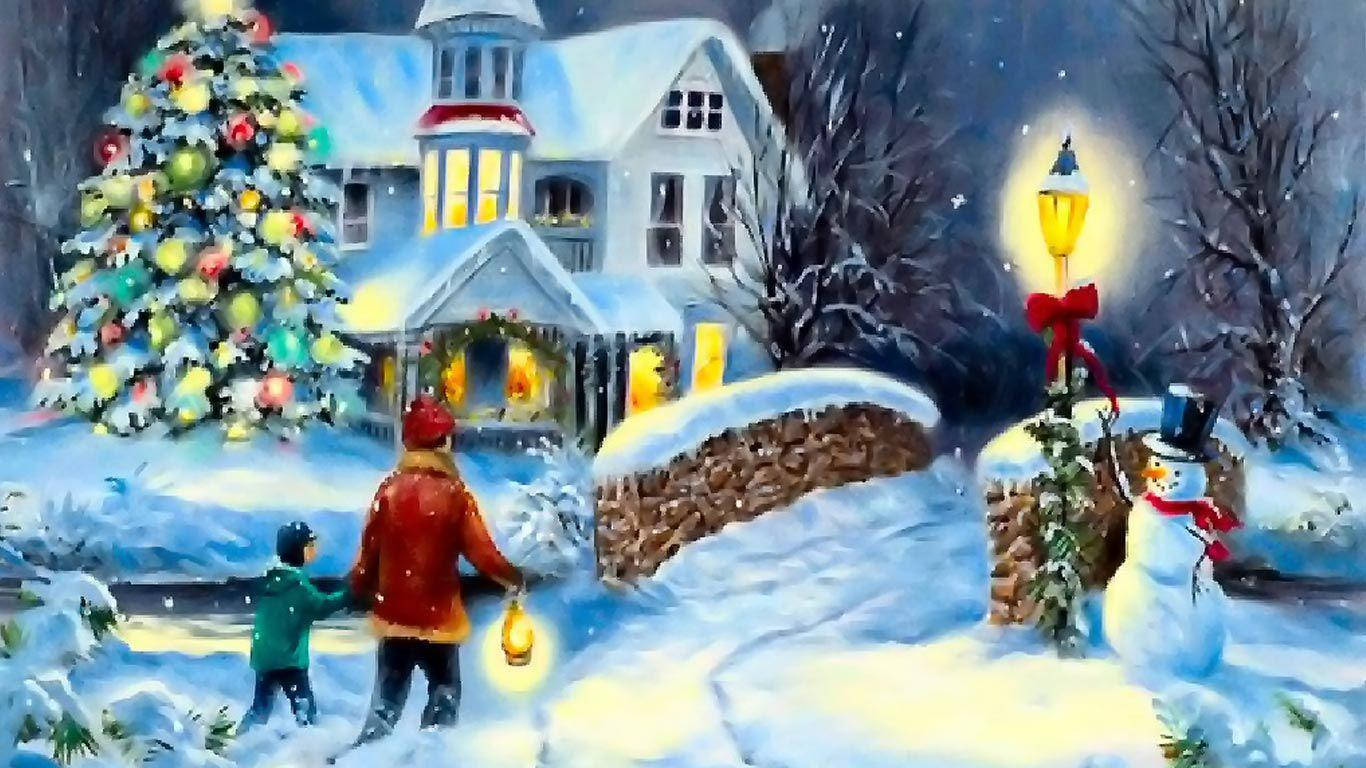 Beautiful Merry Christmas Laptop, winter house, decorated Christmas tree, HD Desktop Wallpaper