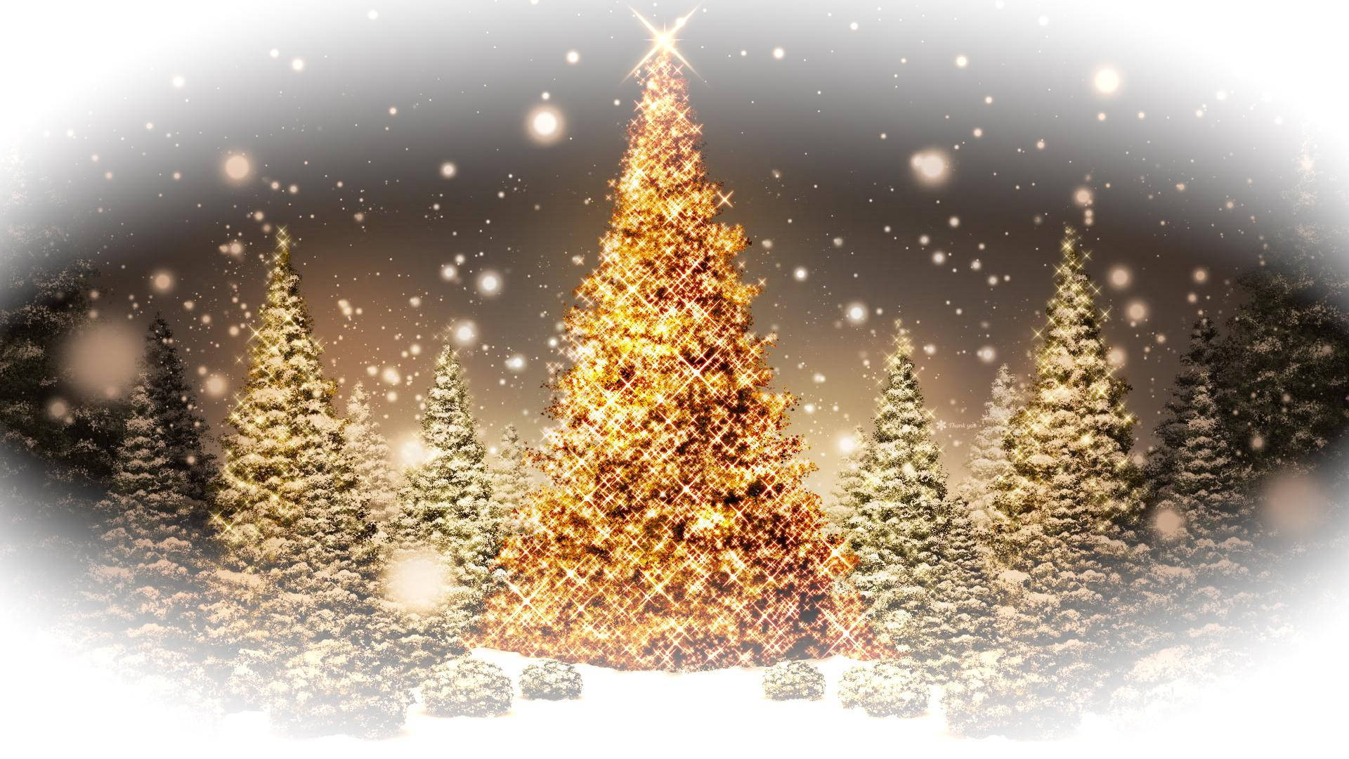 Golden Tree Christmas Laptop, golden Christmas tree, falling snowflakes, Full HD Desktop Wallpaper