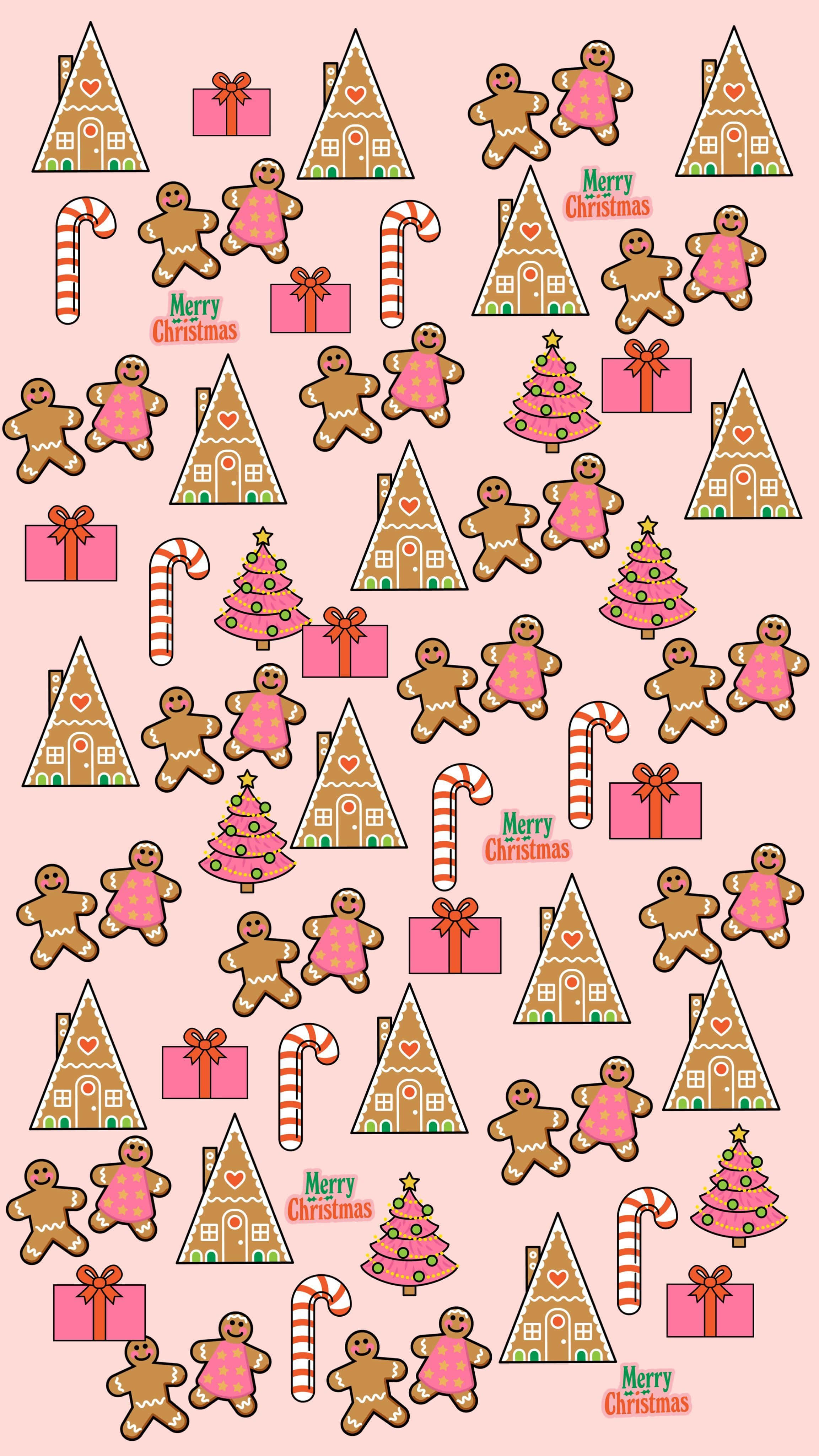 festive pink background, repeating gingerbread people, candy canes, 4K Phone Wallpaper