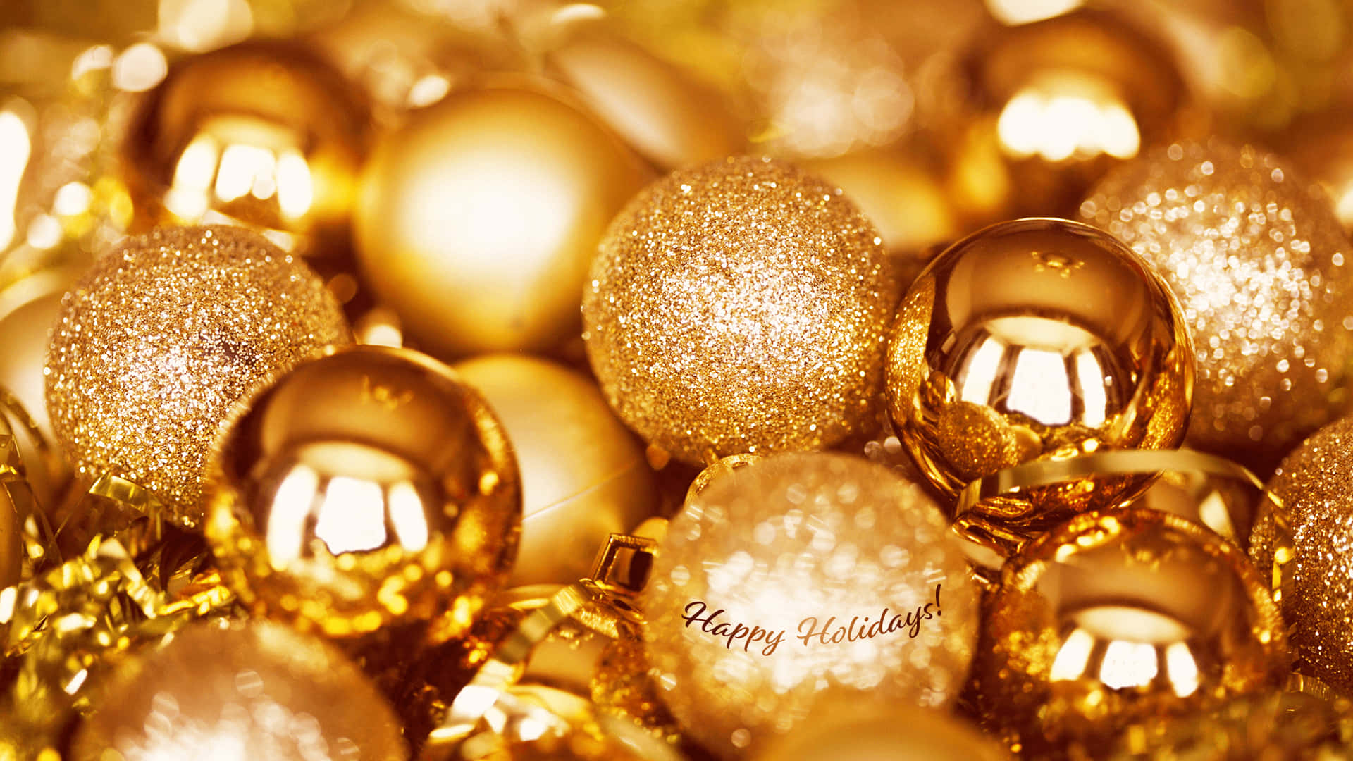 golden baubles, shimmering golden Christmas ornaments, glitter, Full HD Desktop Wallpaper