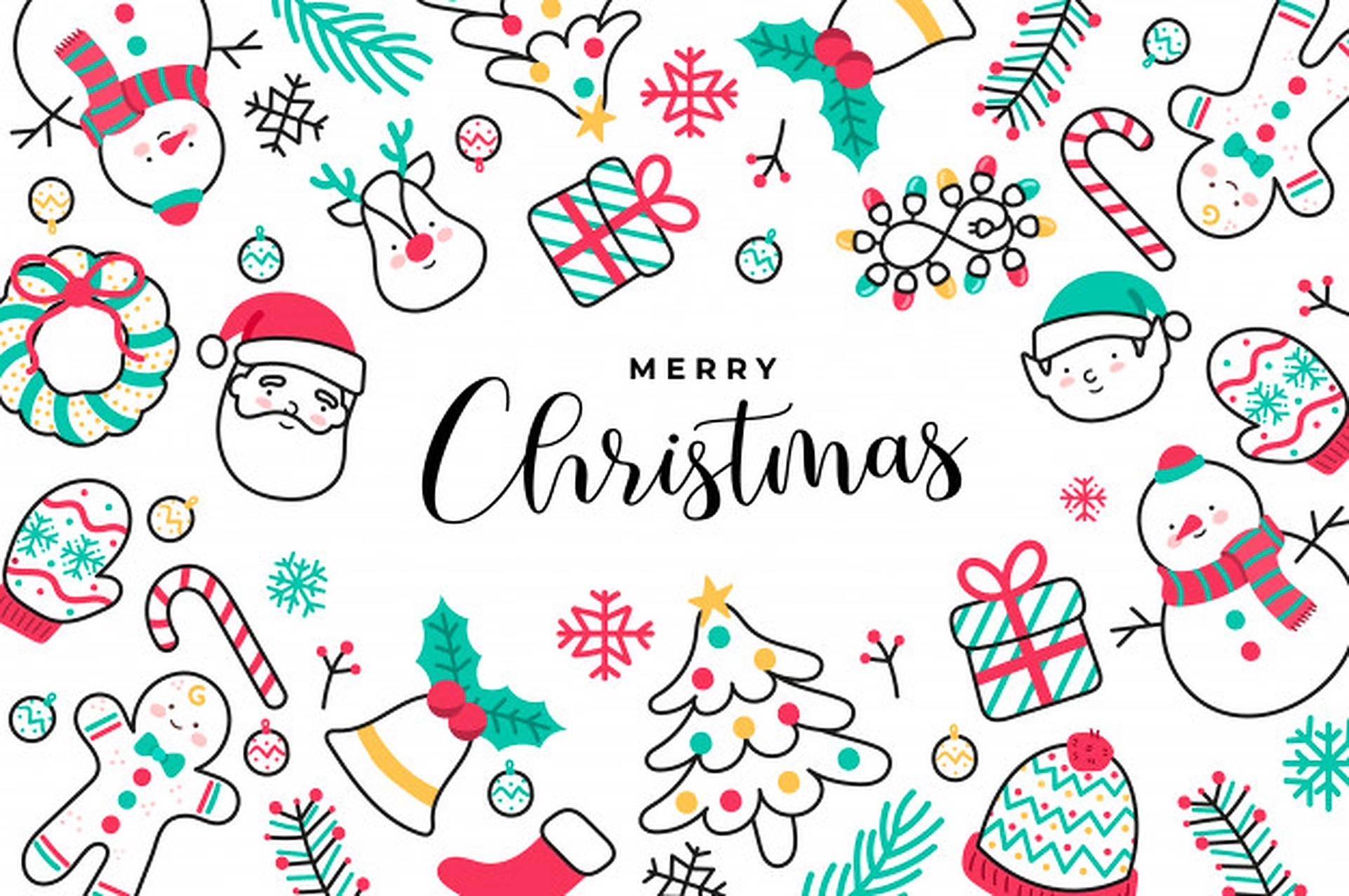 Cute Merry Christmas Doodle Banner, snowmen, reindeer, Full HD Desktop Wallpaper