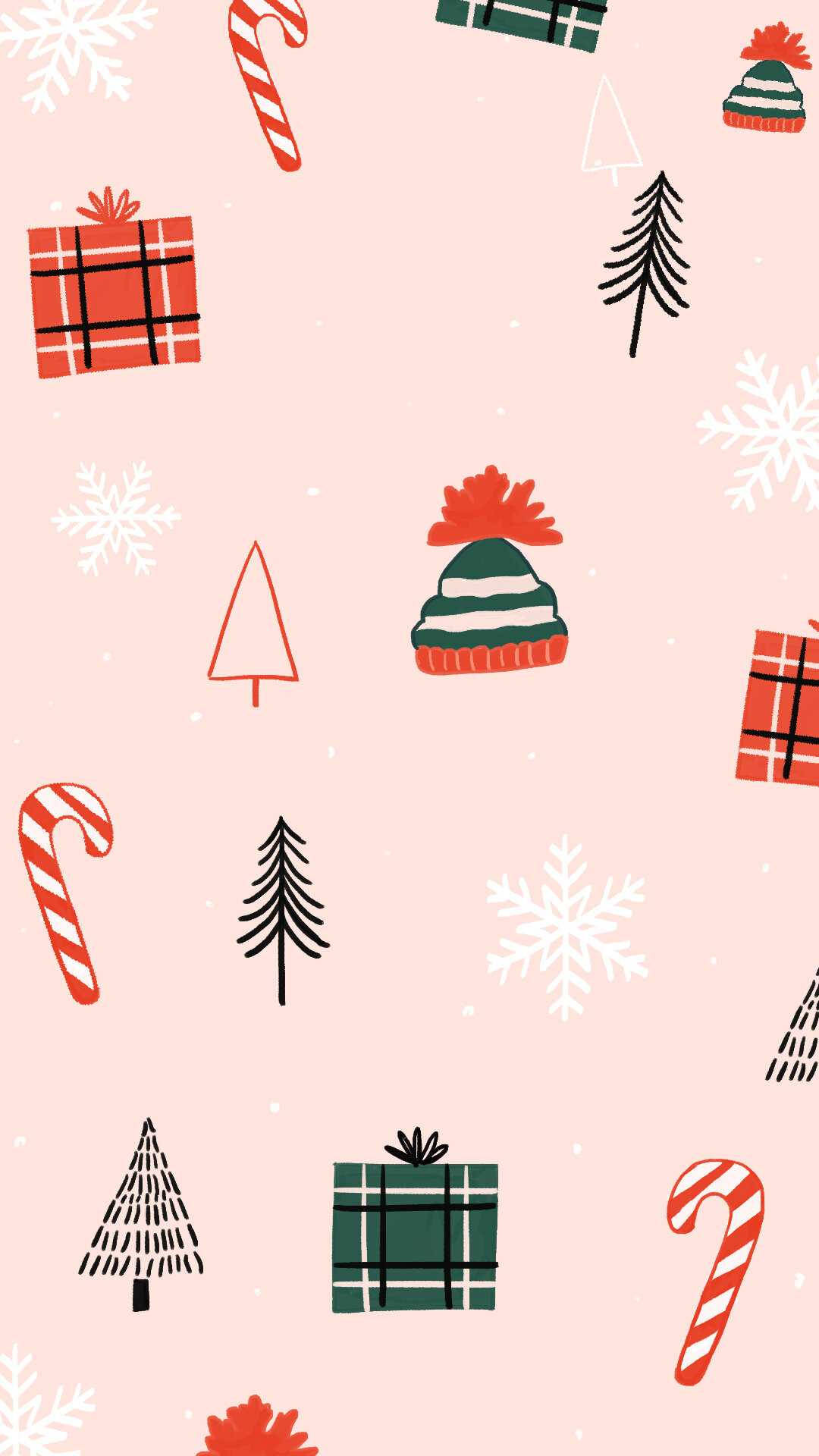 candy canes, trees, snowflakes, Full HD Phone Wallpaper