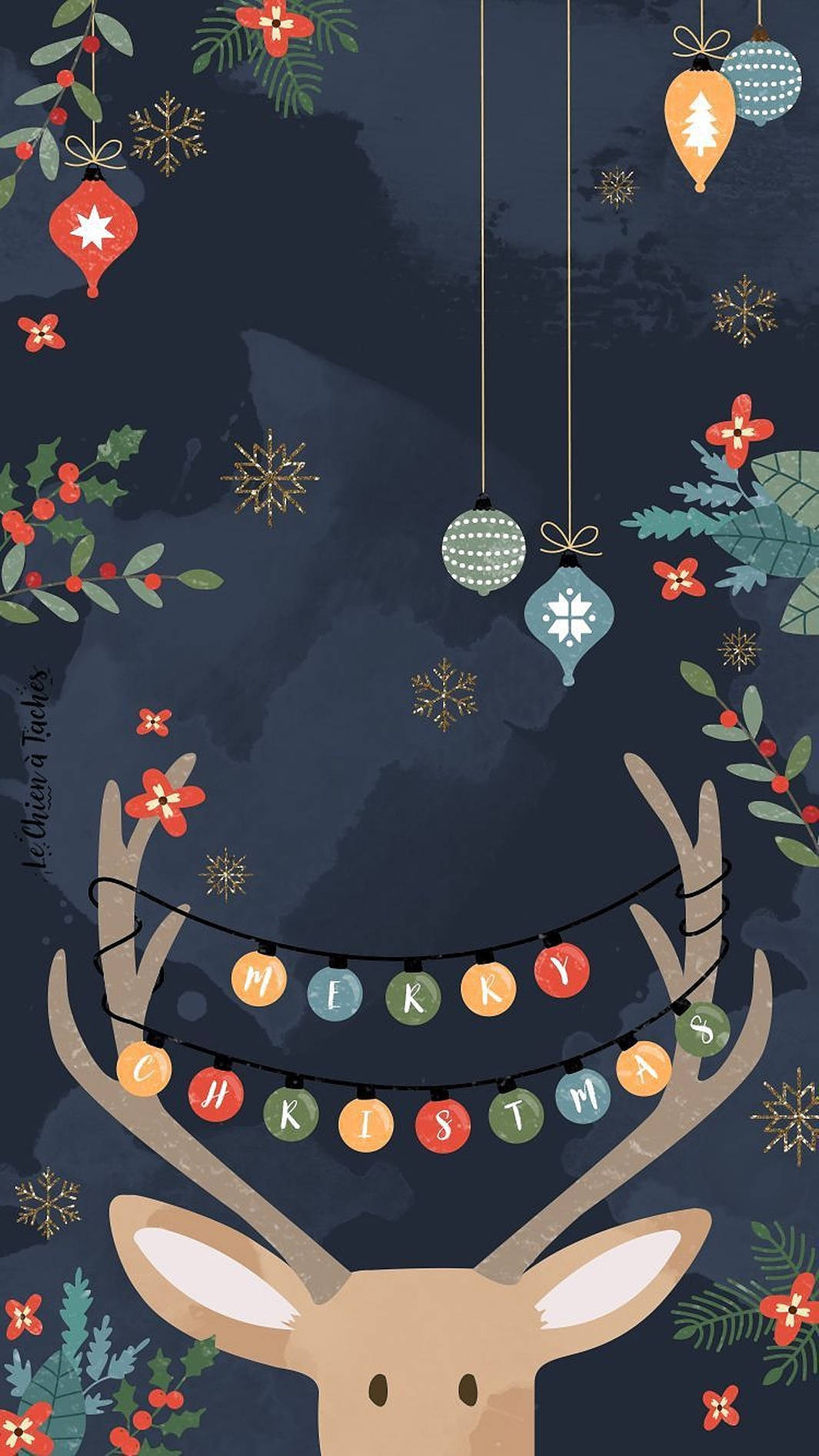 cute reindeer, colorful 'MERRY CHRISTMAS' lights, hanging ornaments, HD Phone Wallpaper