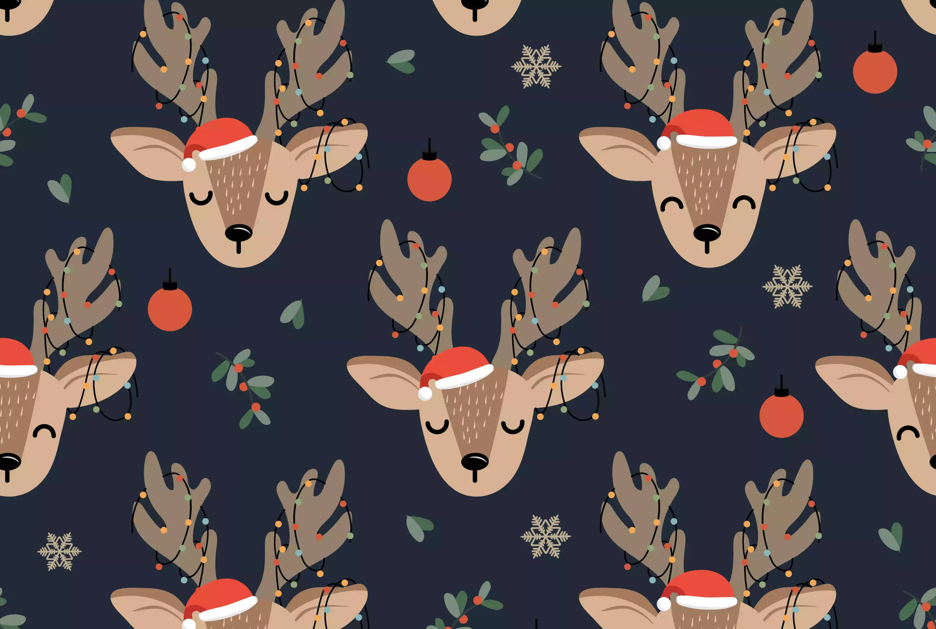 cute reindeer heads, Christmas lights, red Santa hats, 2K Desktop Wallpaper