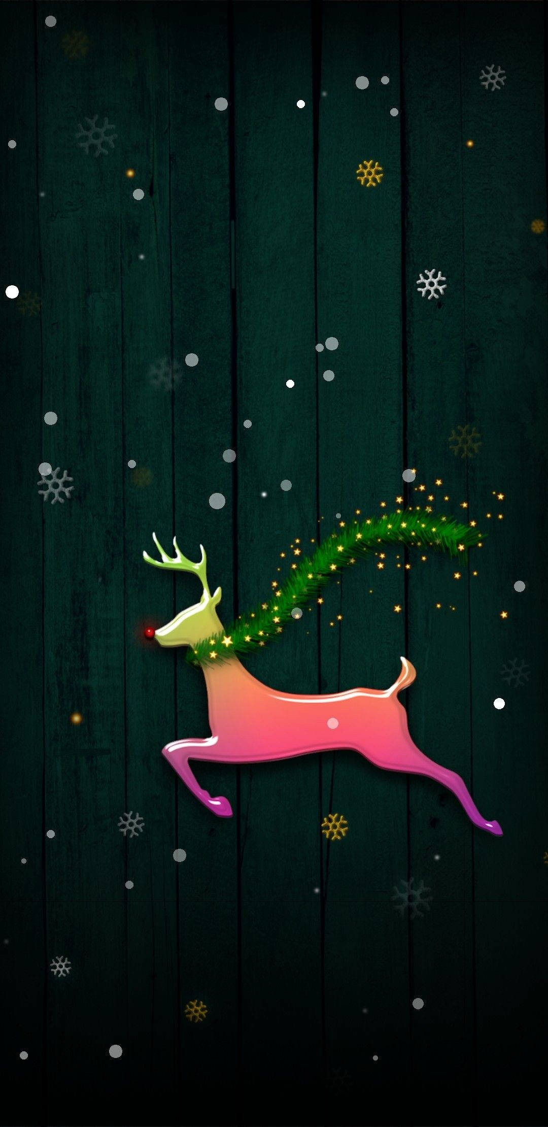 vibrant gradient reindeer, glowing antlers, dark wooden background, Full HD Phone Wallpaper