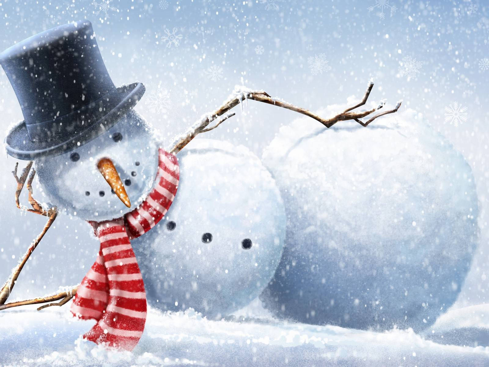 snowman, top hat, red scarf, HD Desktop Wallpaper