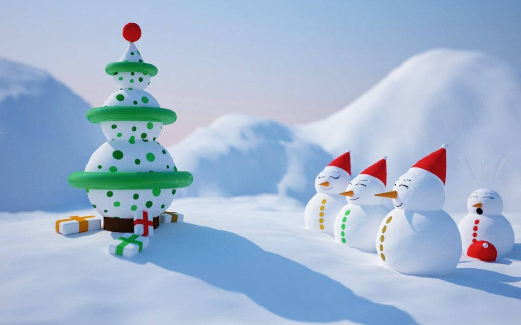 snowman Christmas tree, green polka dots, four cheerful snowmen, SD Desktop Wallpaper