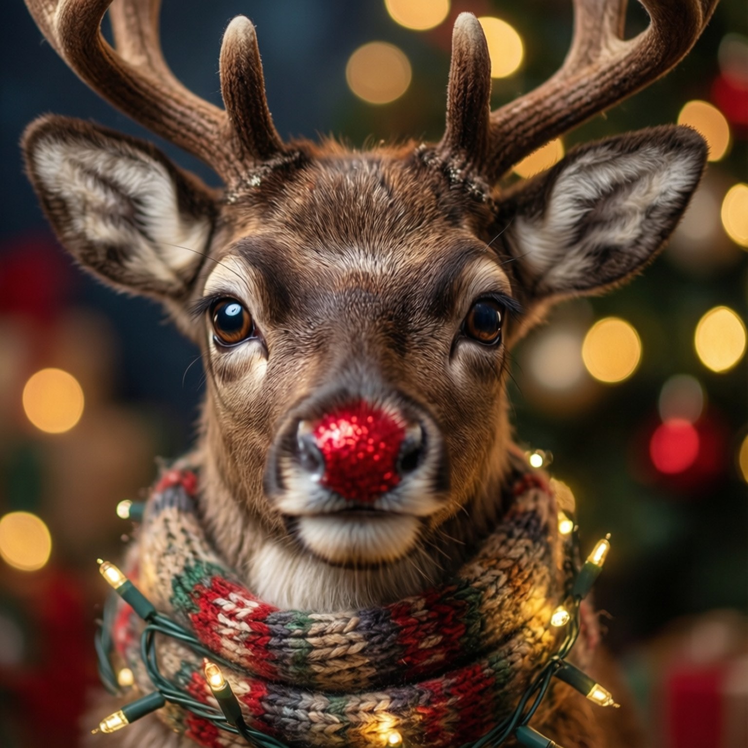 reindeer, glowing lights, glittery red nose, HD Desktop Wallpaper