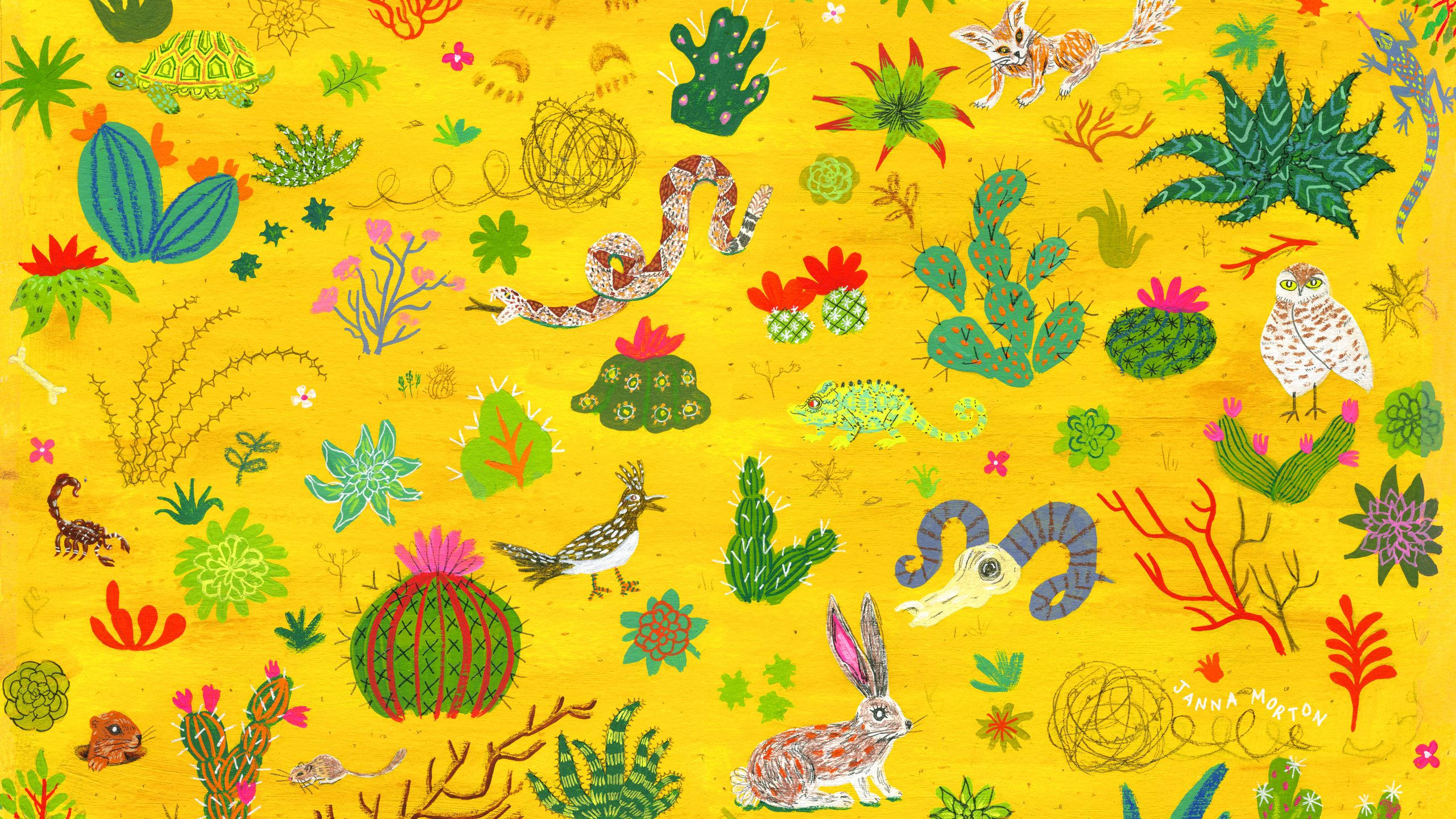 Aesthetic Chromebook, desert animals, cacti, 2K Desktop Wallpaper