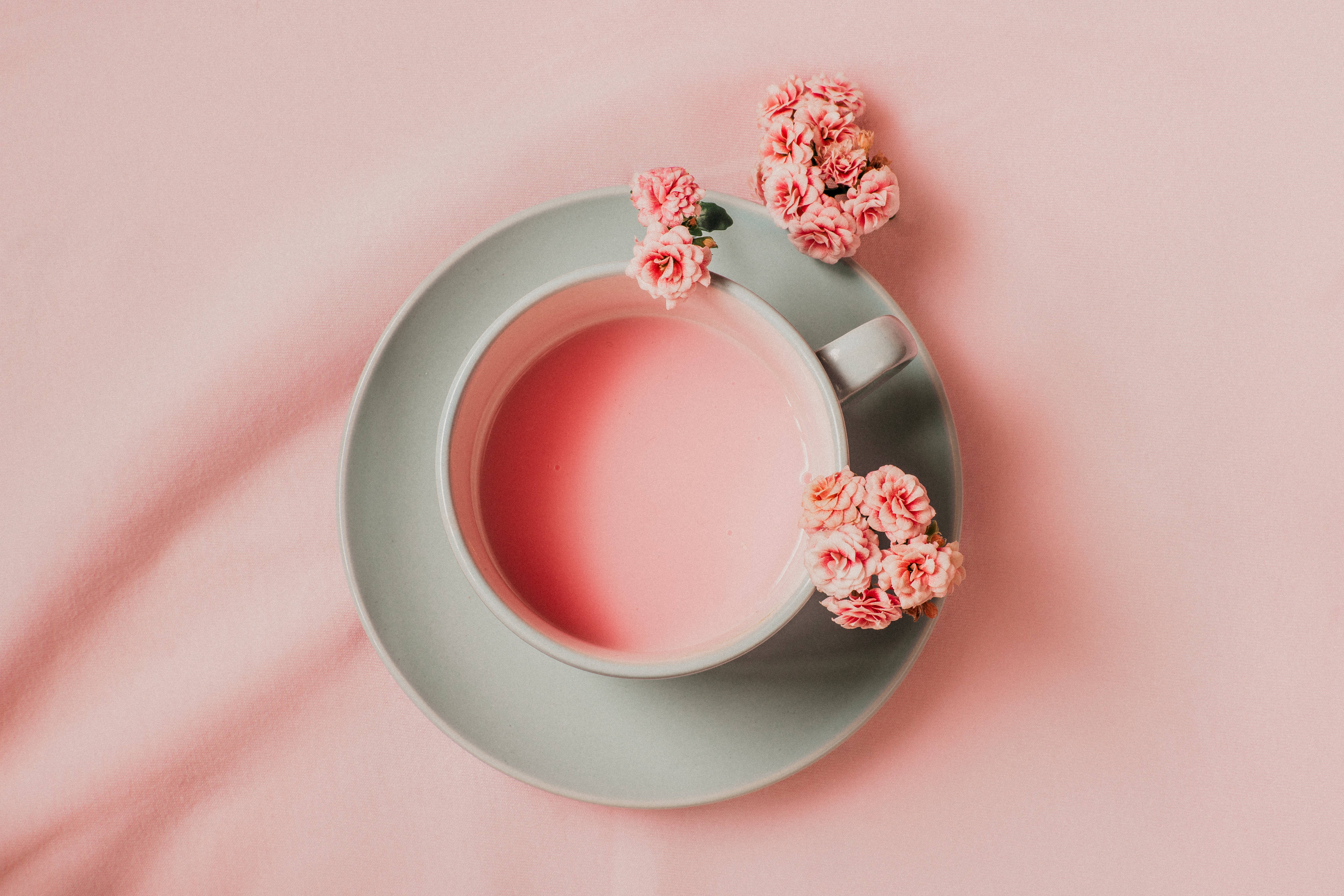 pastel pink tea cup, saucer, small pink flowers, 5K Desktop Wallpaper