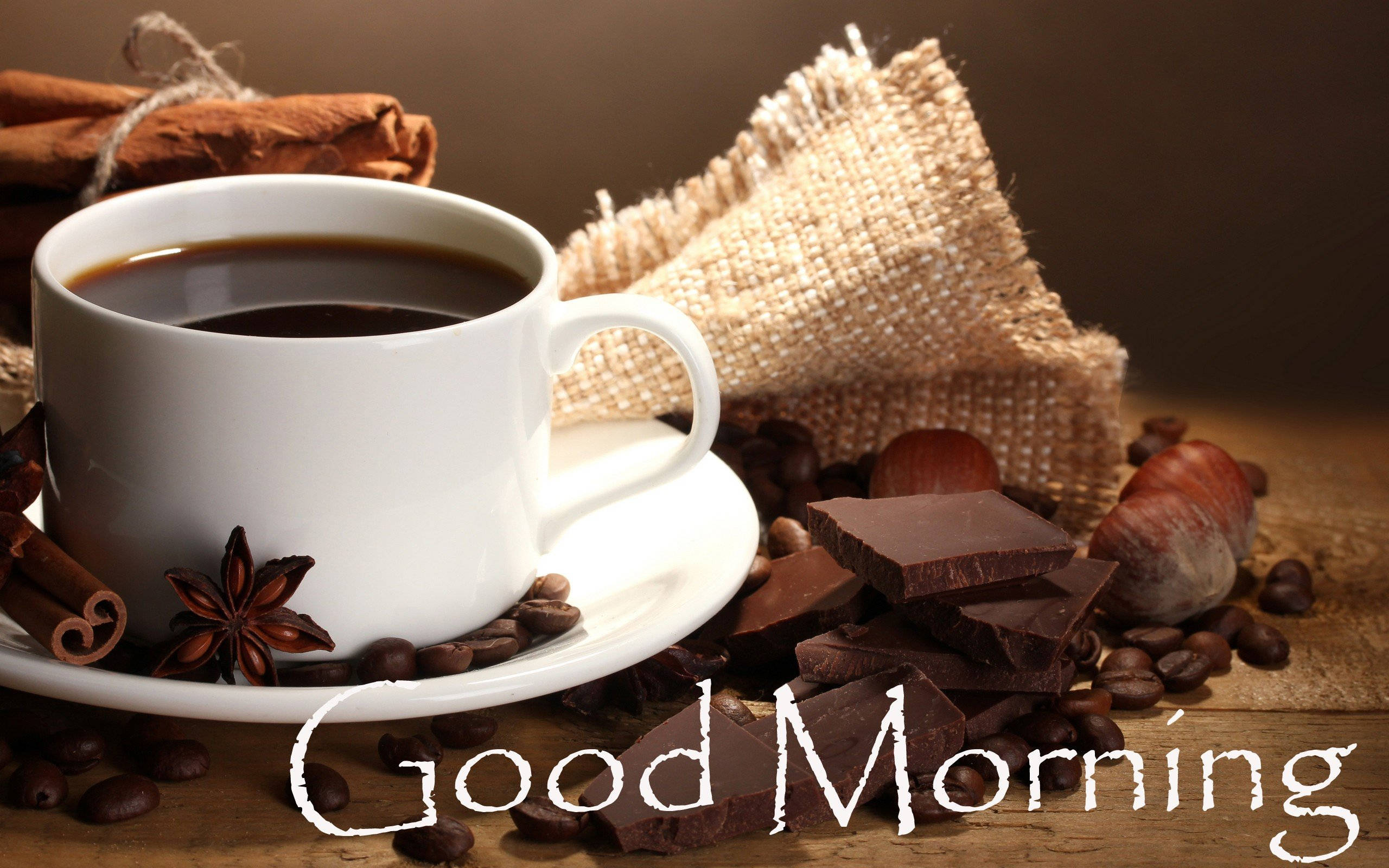 white coffee cup, chocolate chunks, cinnamon sticks, 2K Desktop Wallpaper