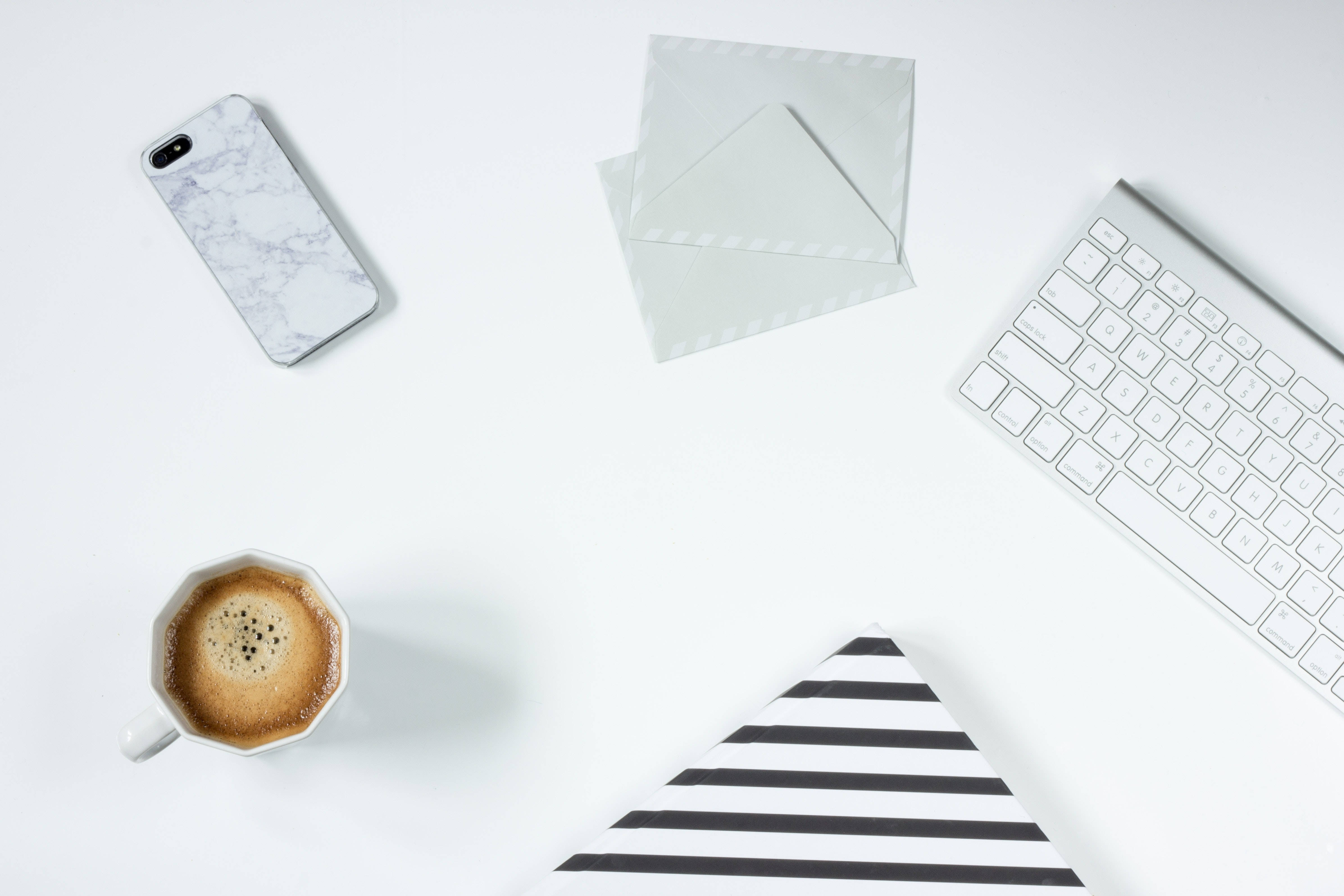 white background, white desk, coffee, 4K Desktop Wallpaper