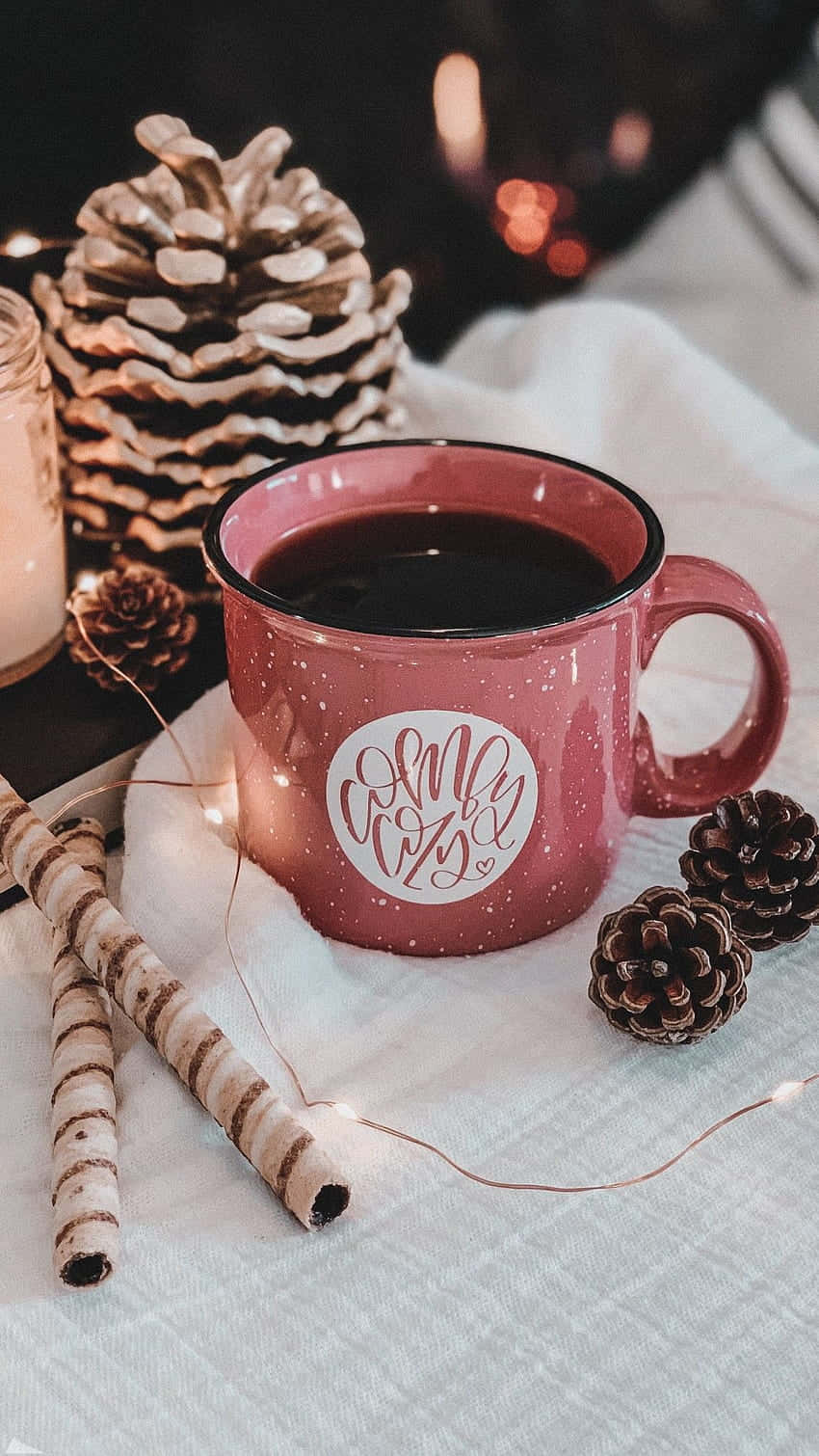 pink speckled mug, Cozy Vibes, white cloth, HD Phone Wallpaper