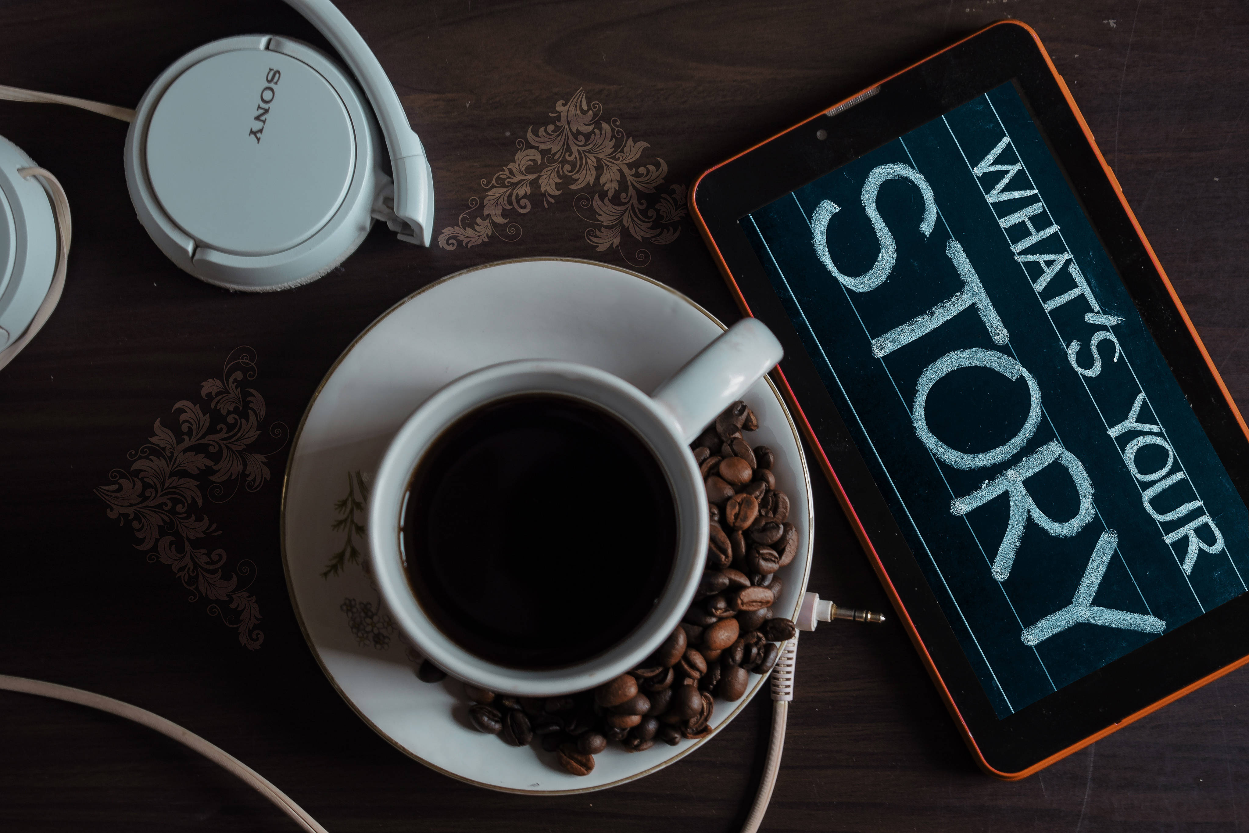 white coffee cup, coffee beans, headphones, 4K Desktop Wallpaper