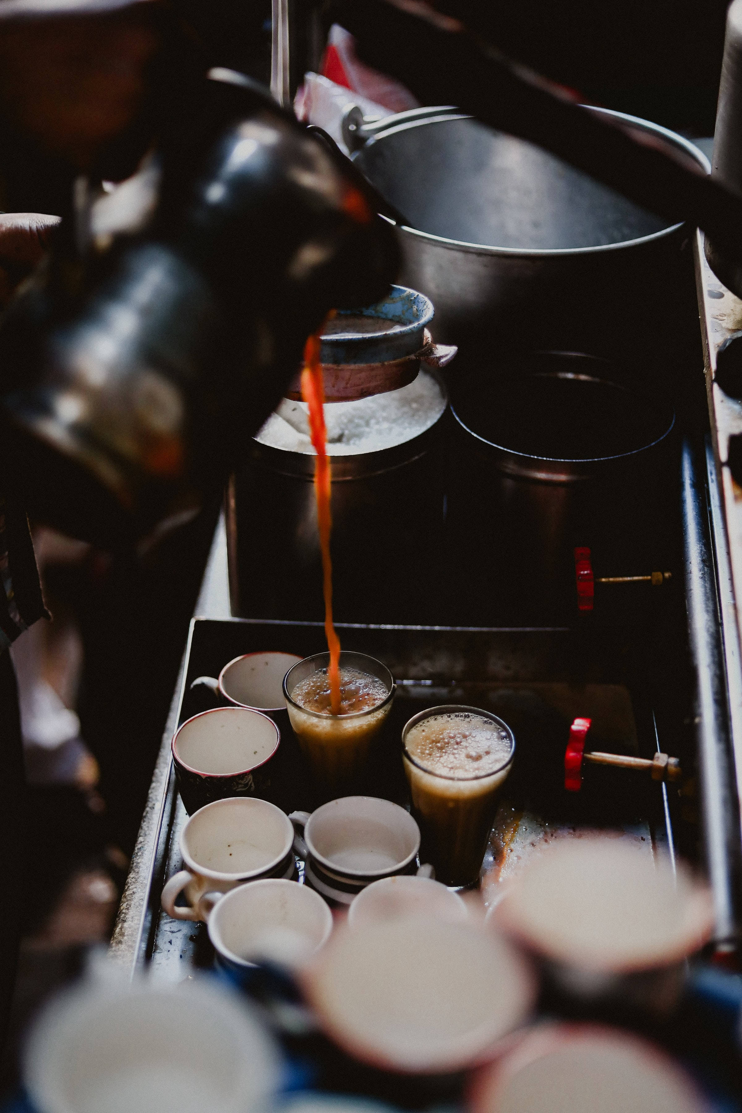 amber coffee, metal kettle, small cups, 2K Phone Wallpaper