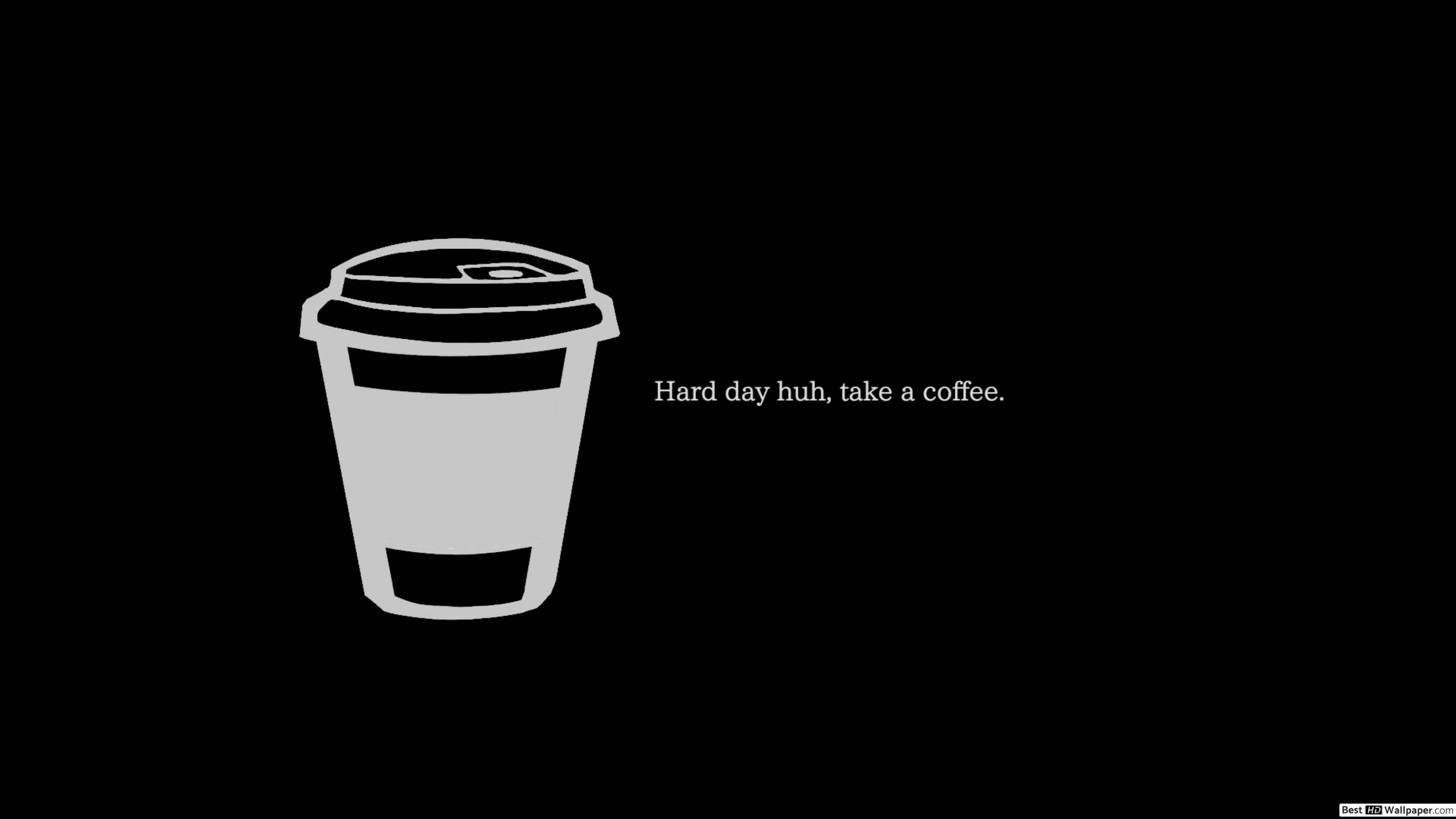 black coffee cup, minimalist white coffee cup icon, black background, 2K Desktop Wallpaper