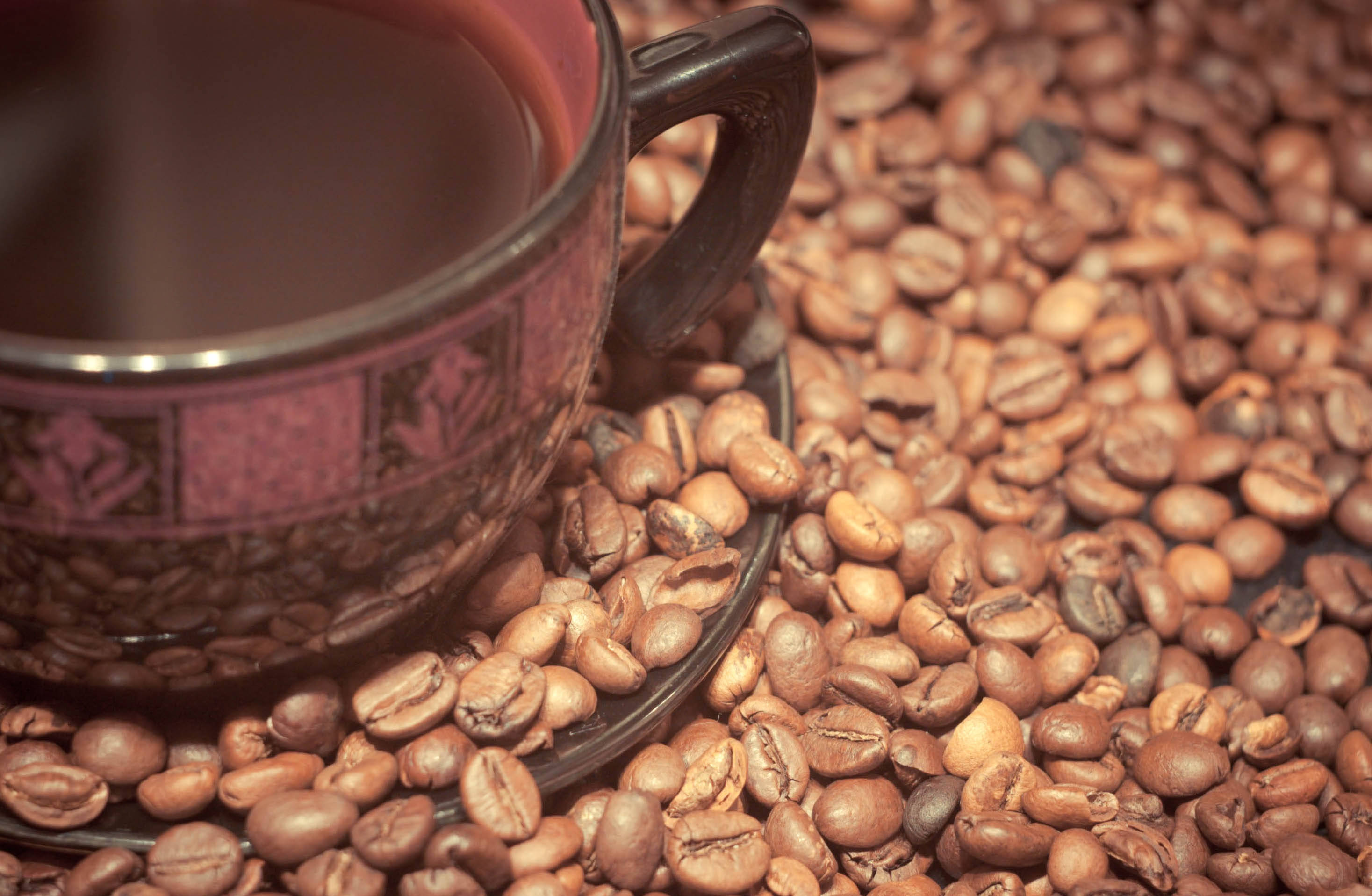 coffee beans, steaming cup of coffee, saucer, 2K Desktop Wallpaper