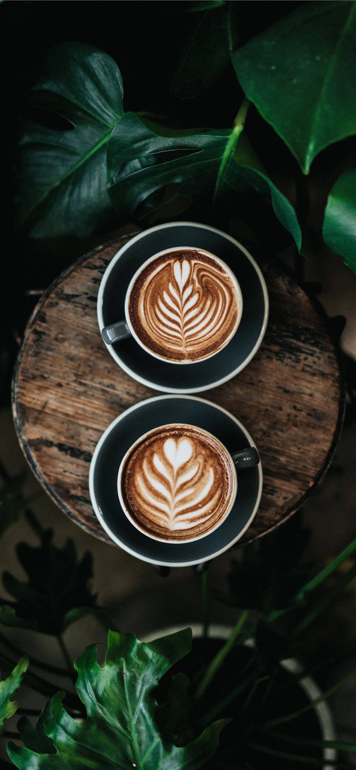 espresso cups, latte art, rustic wooden table, Full HD Phone Wallpaper