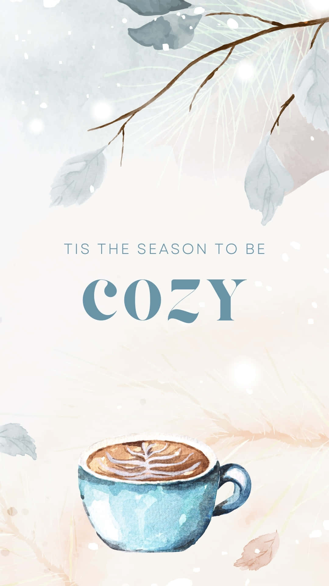 watercolor cup of coffee, leaf latte art, snowy branches, Full HD Phone Wallpaper