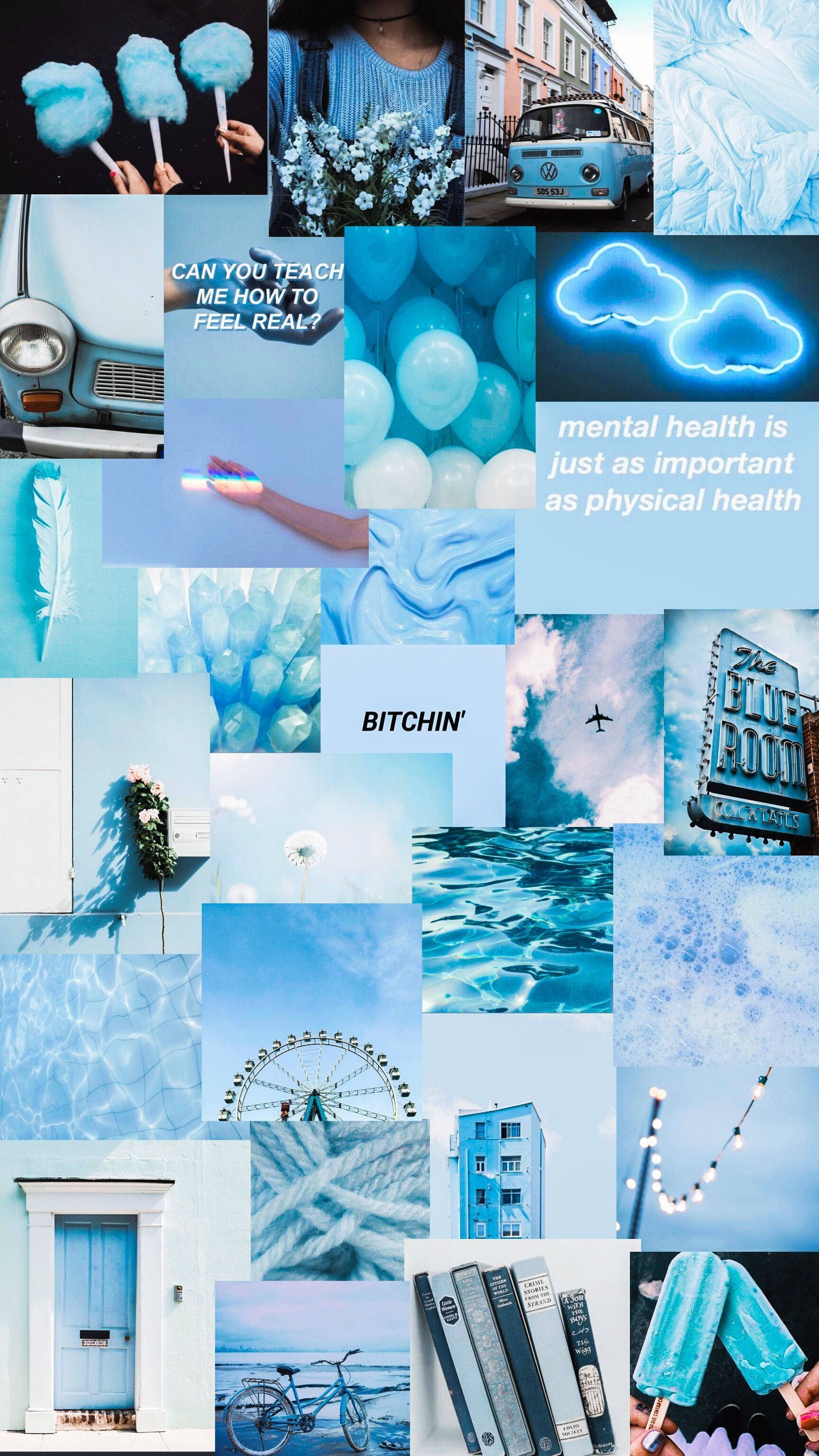 Cute Collage, dreamy blue-toned, cotton candy clouds, 2K Phone Wallpaper