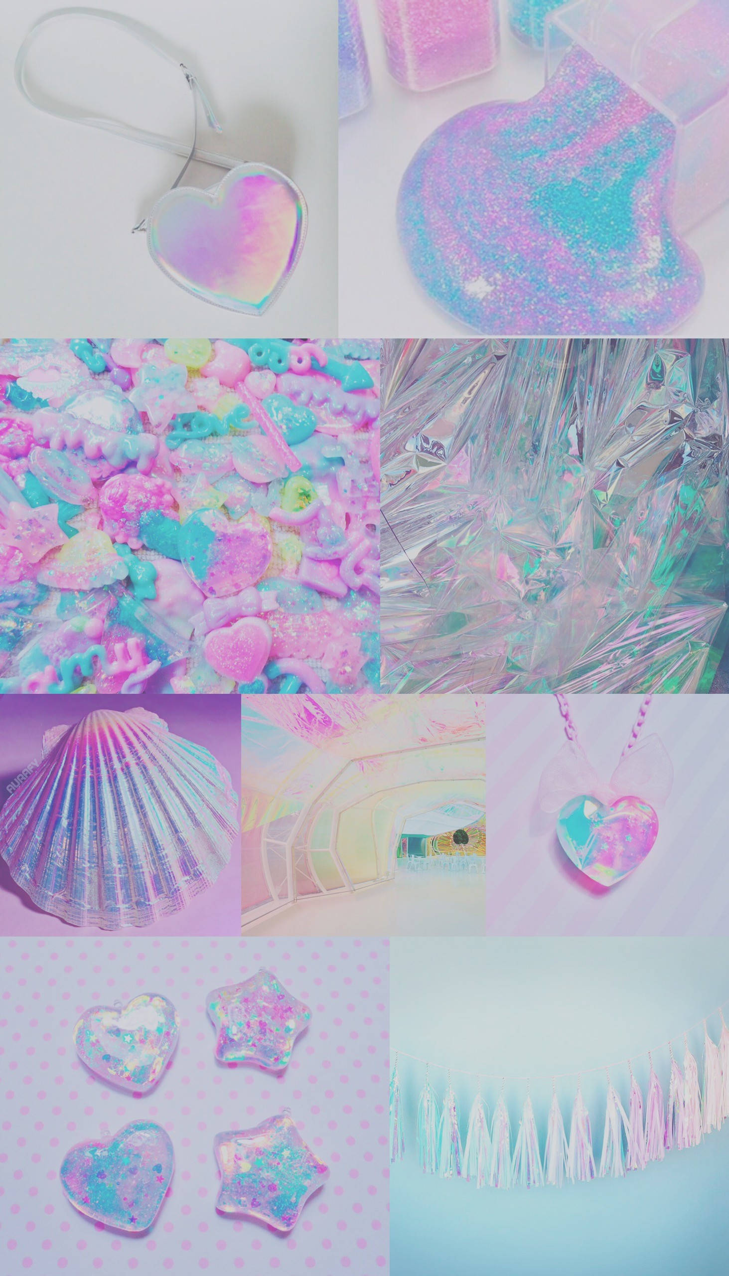 Cute Collage, iridescent mermaid aesthetic, holographic heart-shaped charms, 2K Phone Wallpaper