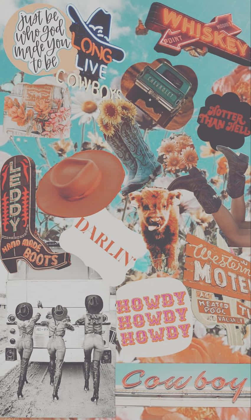 cute country collage, cowboy-themed stickers, boots, HD Phone Wallpaper
