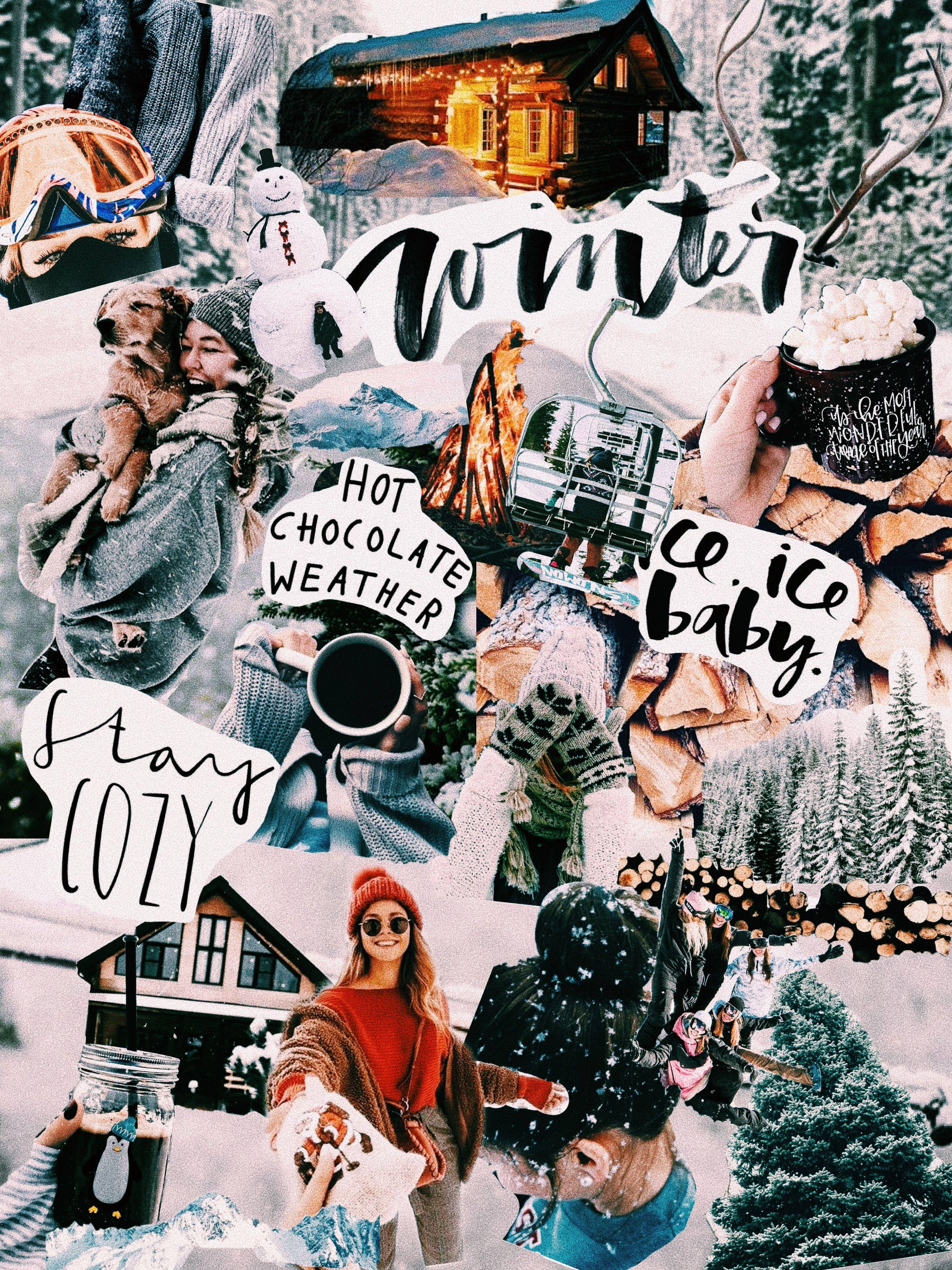 cute collage, vibrant winter, snowy cabins, 4K Phone Wallpaper