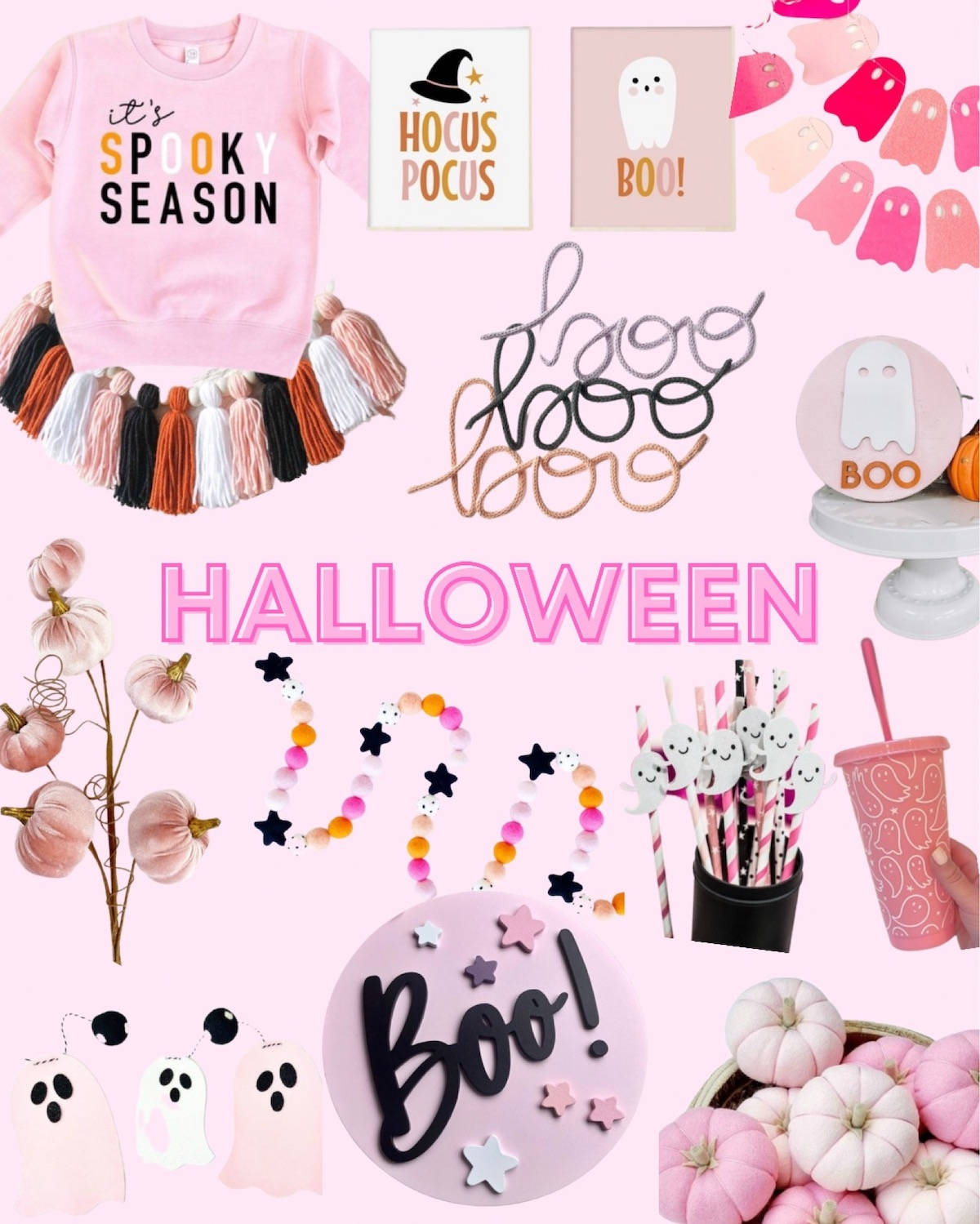 pastel pink, Halloween collage, ghost decorations, HD Phone Wallpaper
