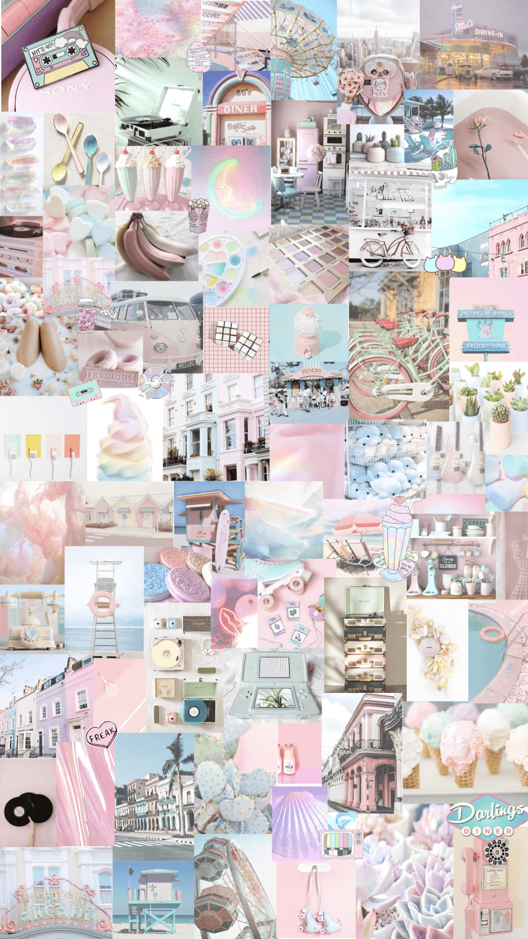 pastel pink, mint green, vintage diner scenes, Full HD Phone Wallpaper