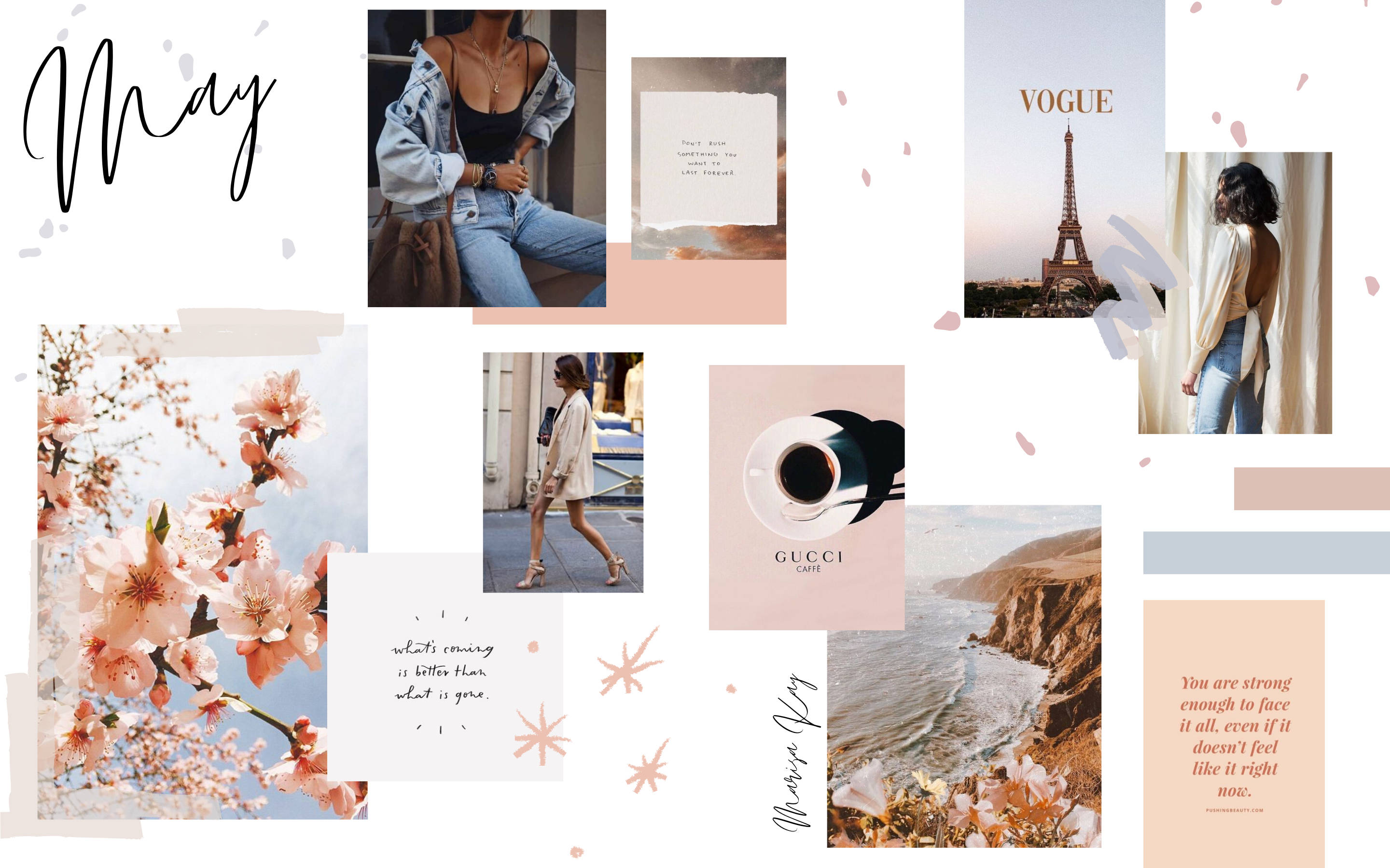 pastel-toned, cherry blossoms, Parisian fashion, 2K Desktop Wallpaper