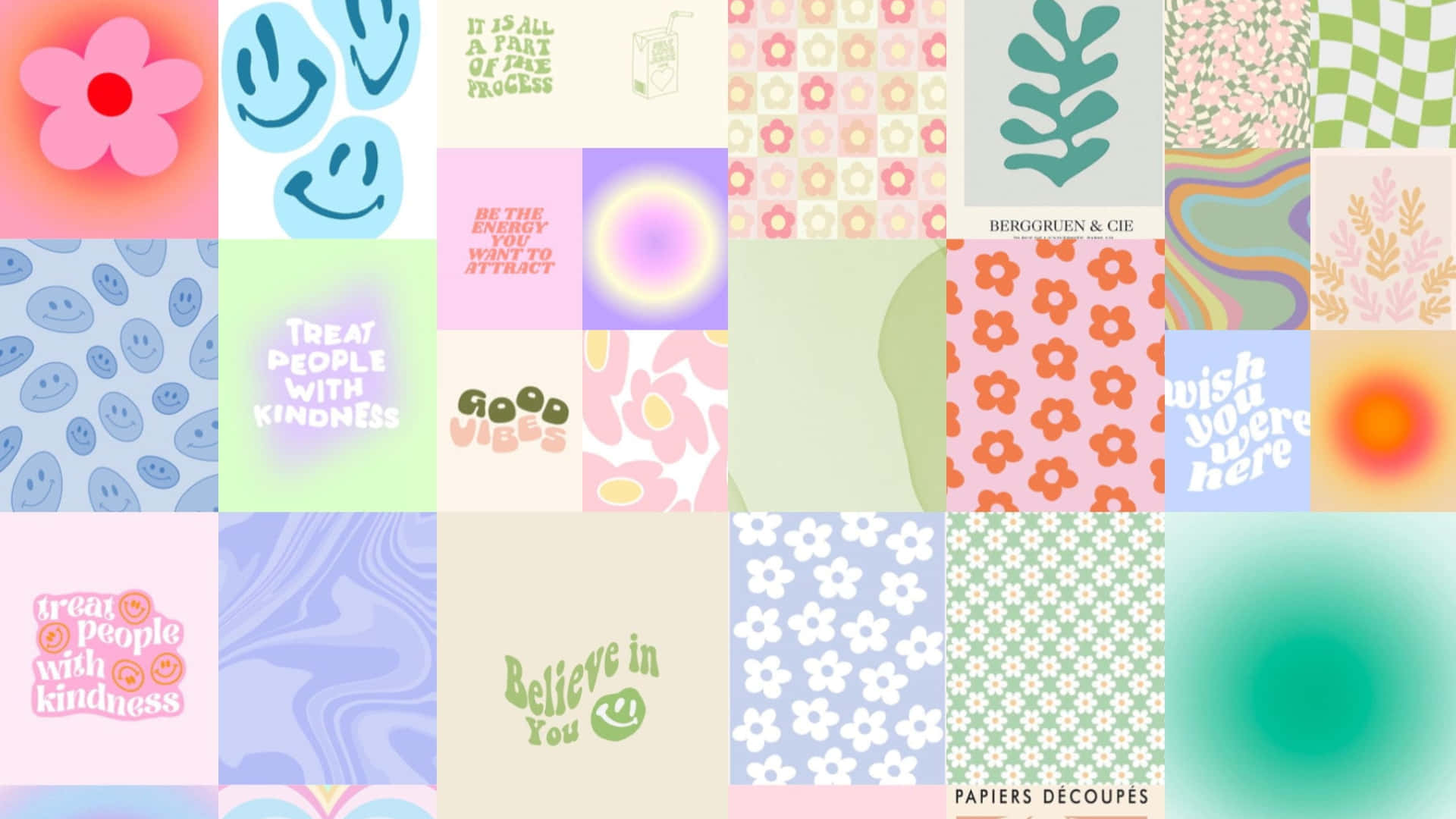 pastel-colored, flowers, smiley faces, Full HD Desktop Wallpaper