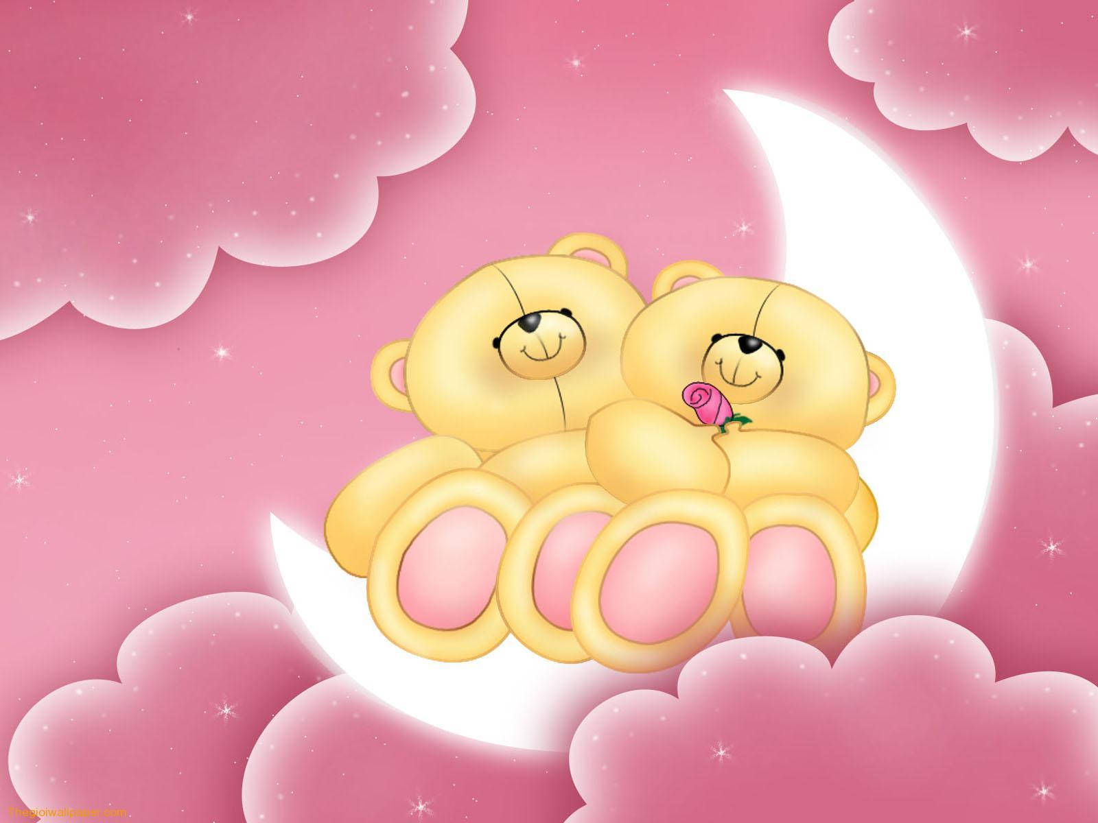teddy bears, crescent moon, pink clouds, HD Desktop Wallpaper