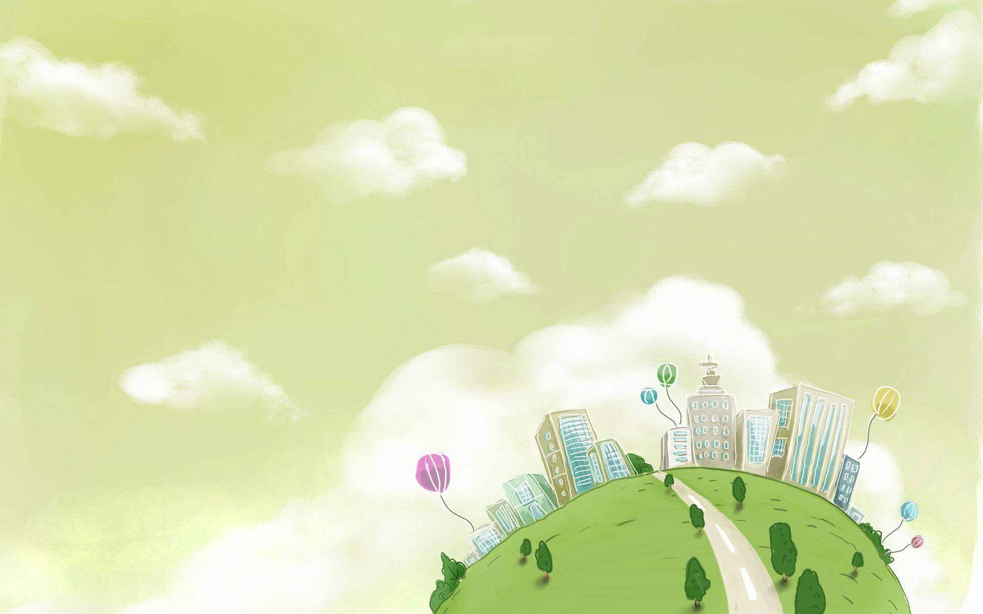 spherical, green, land city, Full HD Desktop Wallpaper