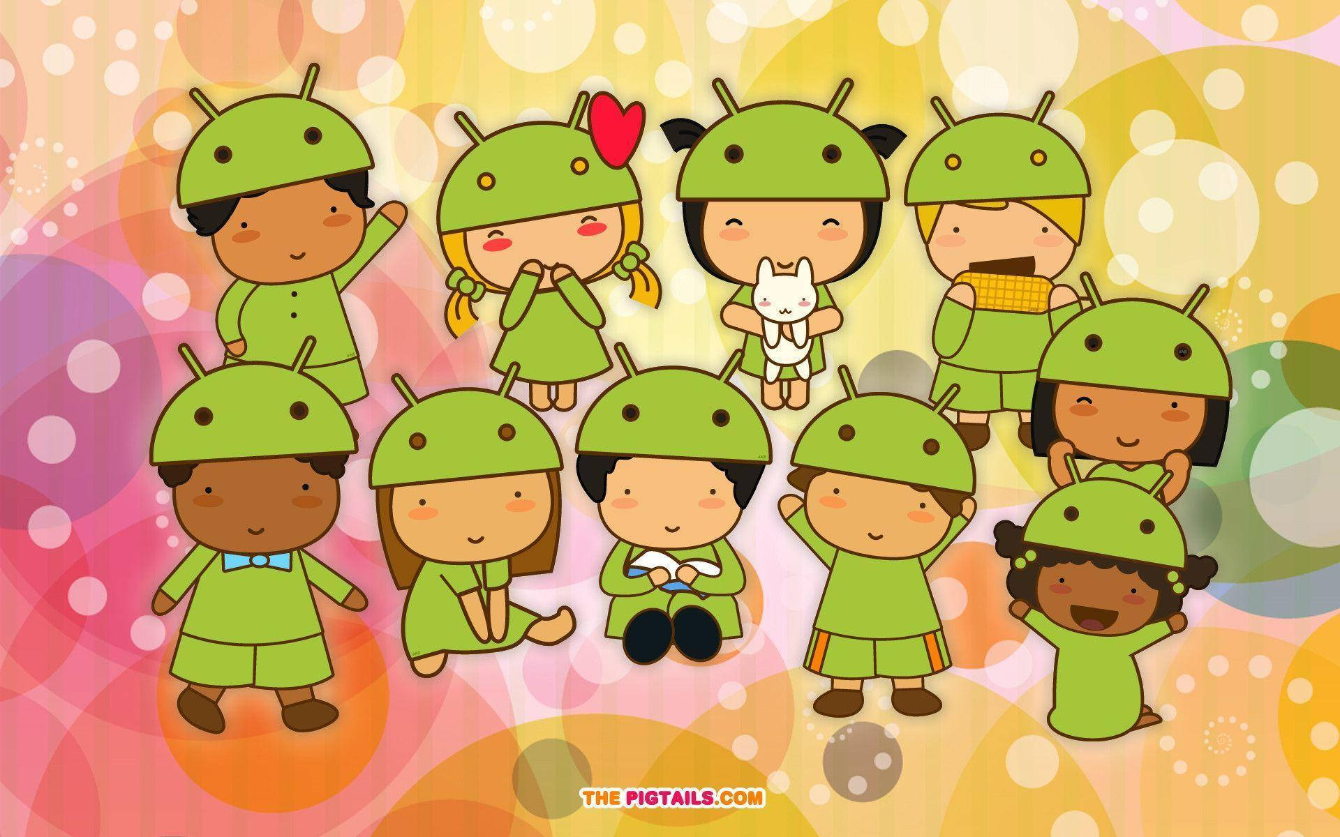 green robot helmets, vibrant bubble background, cartoon children, Full HD Desktop Wallpaper