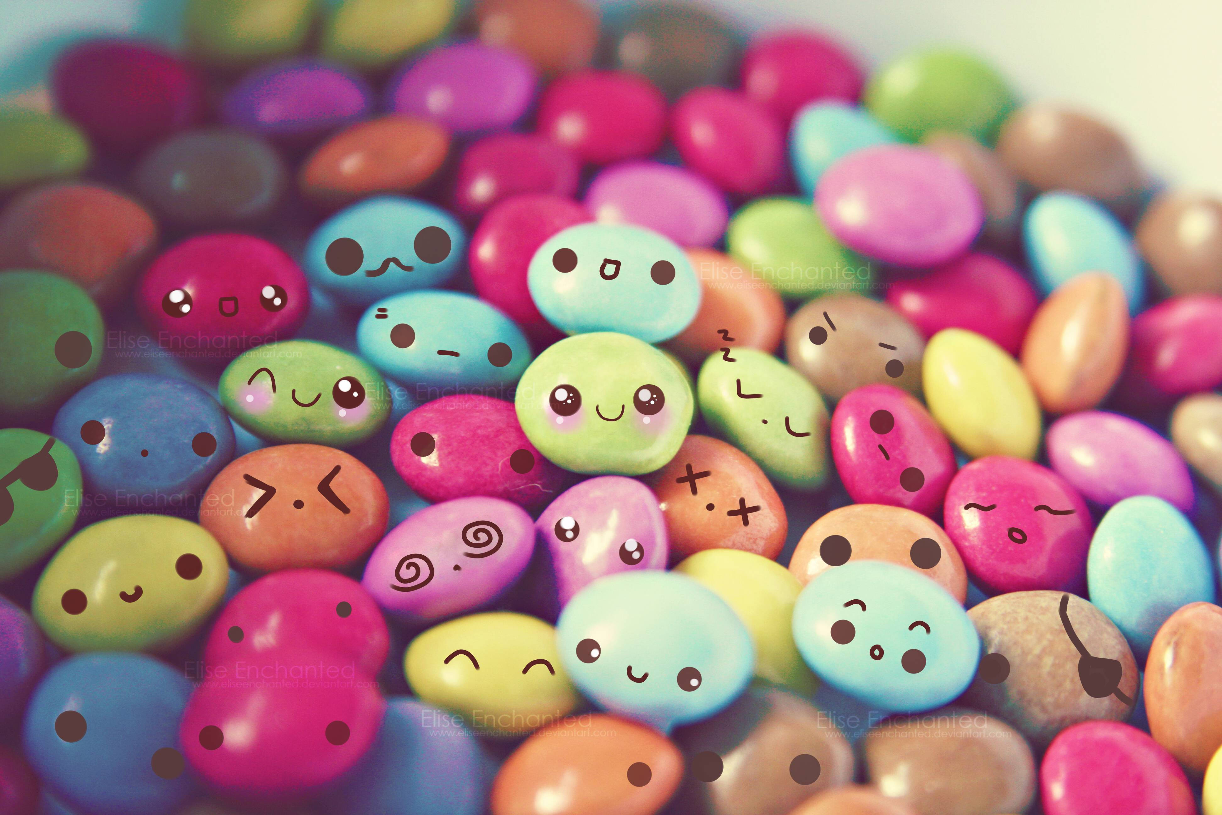 colorful candies, cute hand-drawn cartoon faces, playful emotions, 4K Desktop Wallpaper