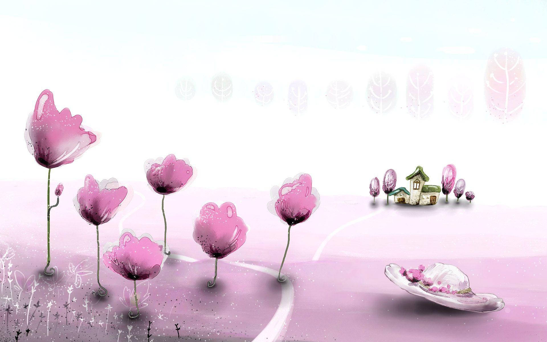 pastel pink tulips, whimsical field, tiny house, Full HD Desktop Wallpaper