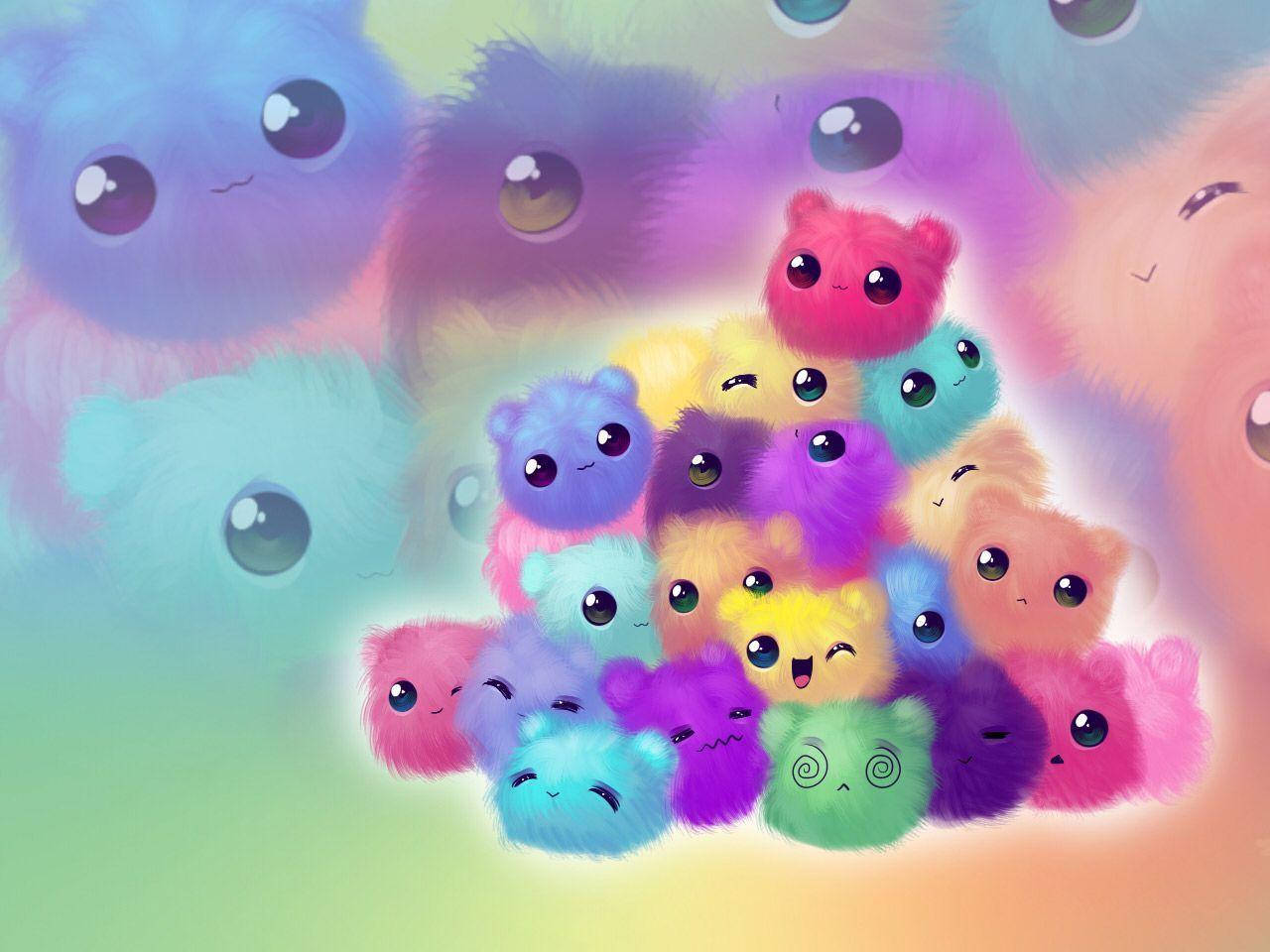 colorful fuzzy creatures, pastel-colored, big eyes, HD Desktop Wallpaper