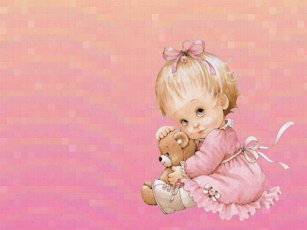 baby, teddy bear, pink dress, SD Desktop Wallpaper