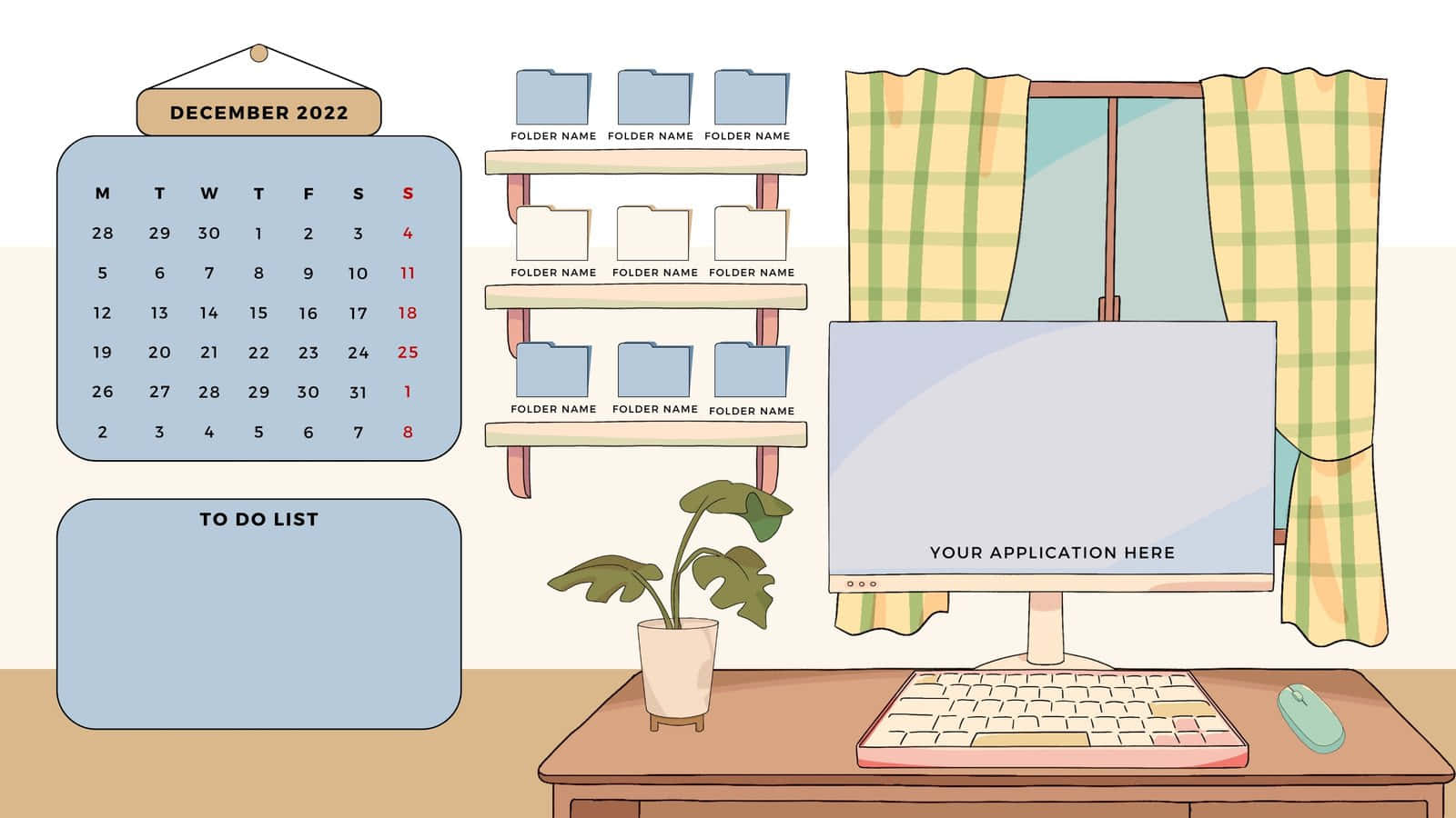 cute desktop organizer, animated illustration, plaid curtains, HD Desktop Wallpaper