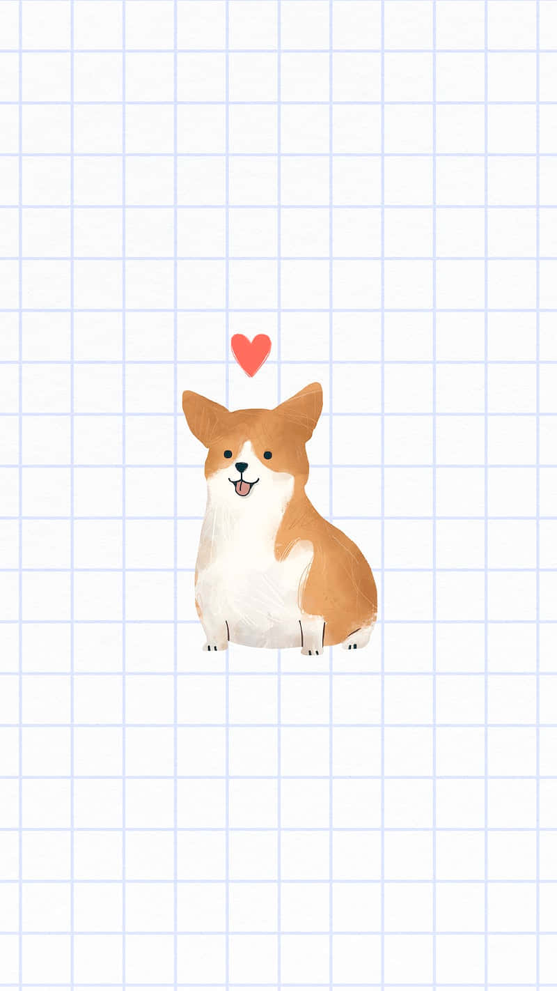 cute corgi, red heart, light blue grid paper, HD Phone Wallpaper