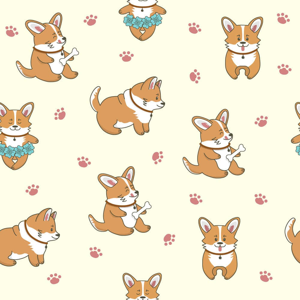 cute corgi, pink paw prints, cream background, SD Desktop Wallpaper