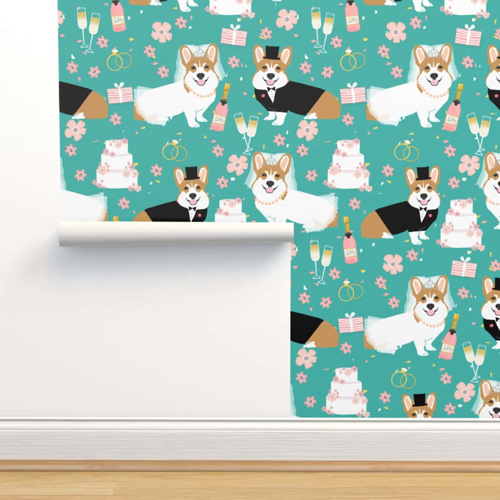 cute corgi wedding wall pattern, teal wallpaper, corgis in wedding attire, SD Desktop Wallpaper