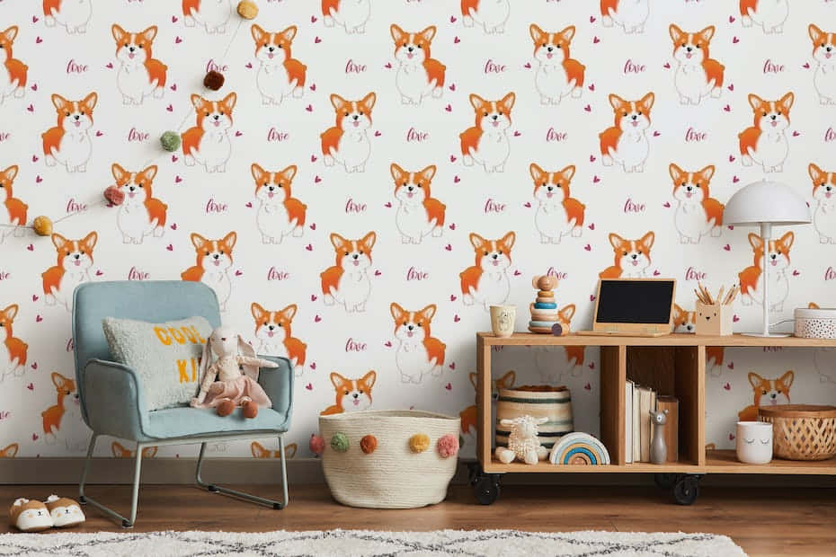 cute corgi pattern painted wall, repeating corgi illustrations, word love, SD Desktop Wallpaper