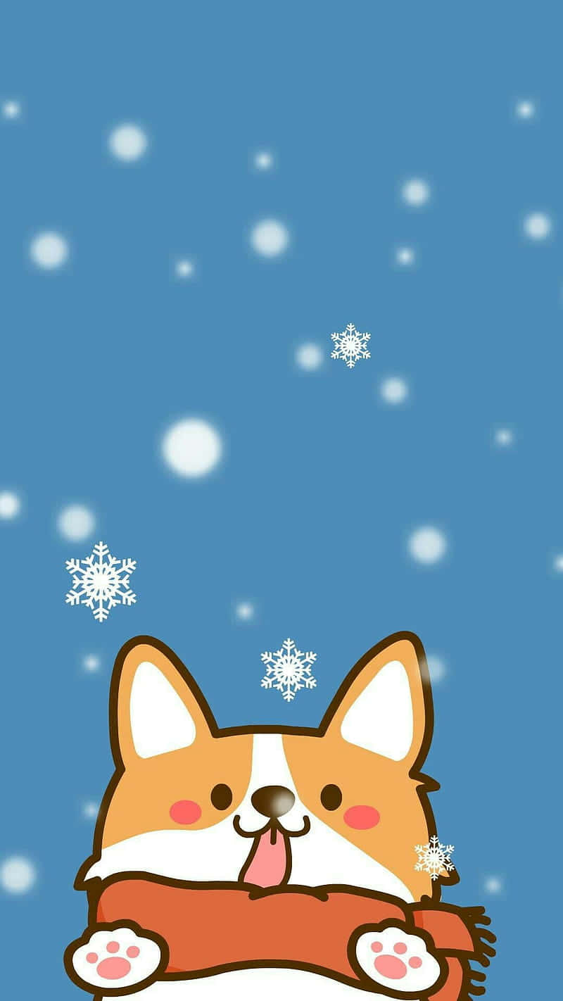 cute animated corgi, scarf, snowflakes, HD Phone Wallpaper