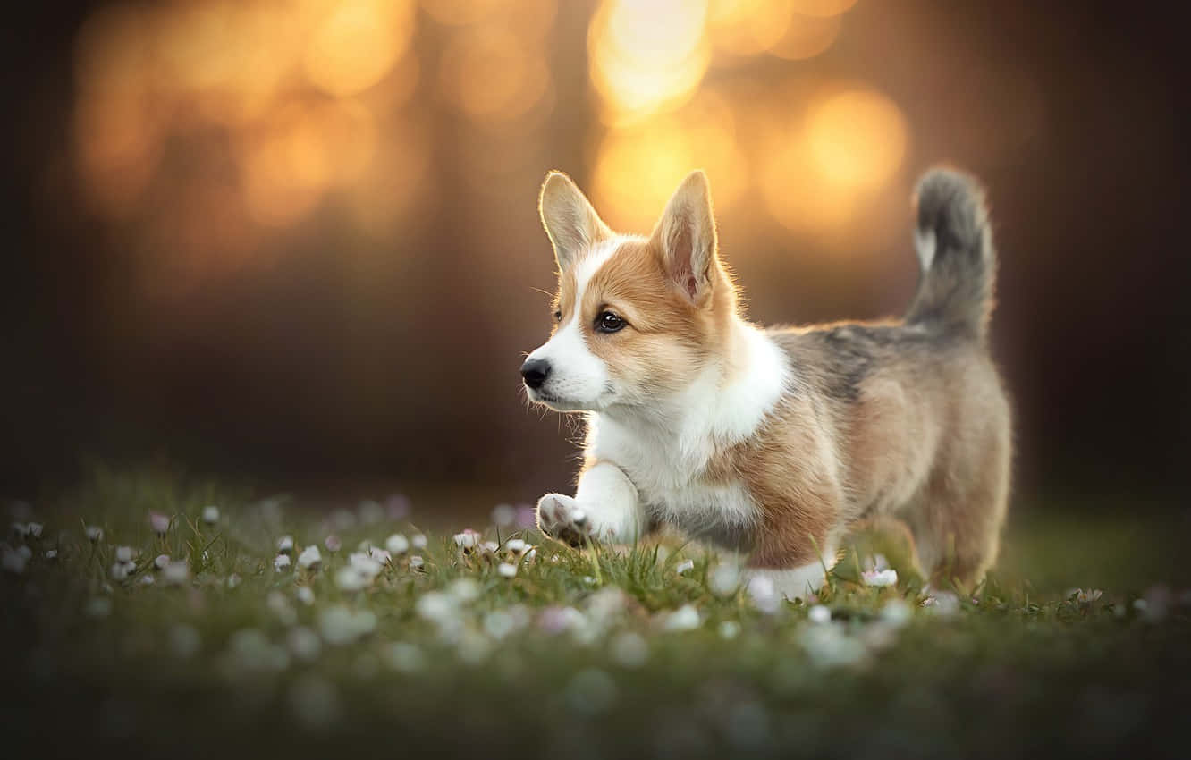 corgi puppy, sunlit meadow, tiny white flowers, HD Desktop Wallpaper