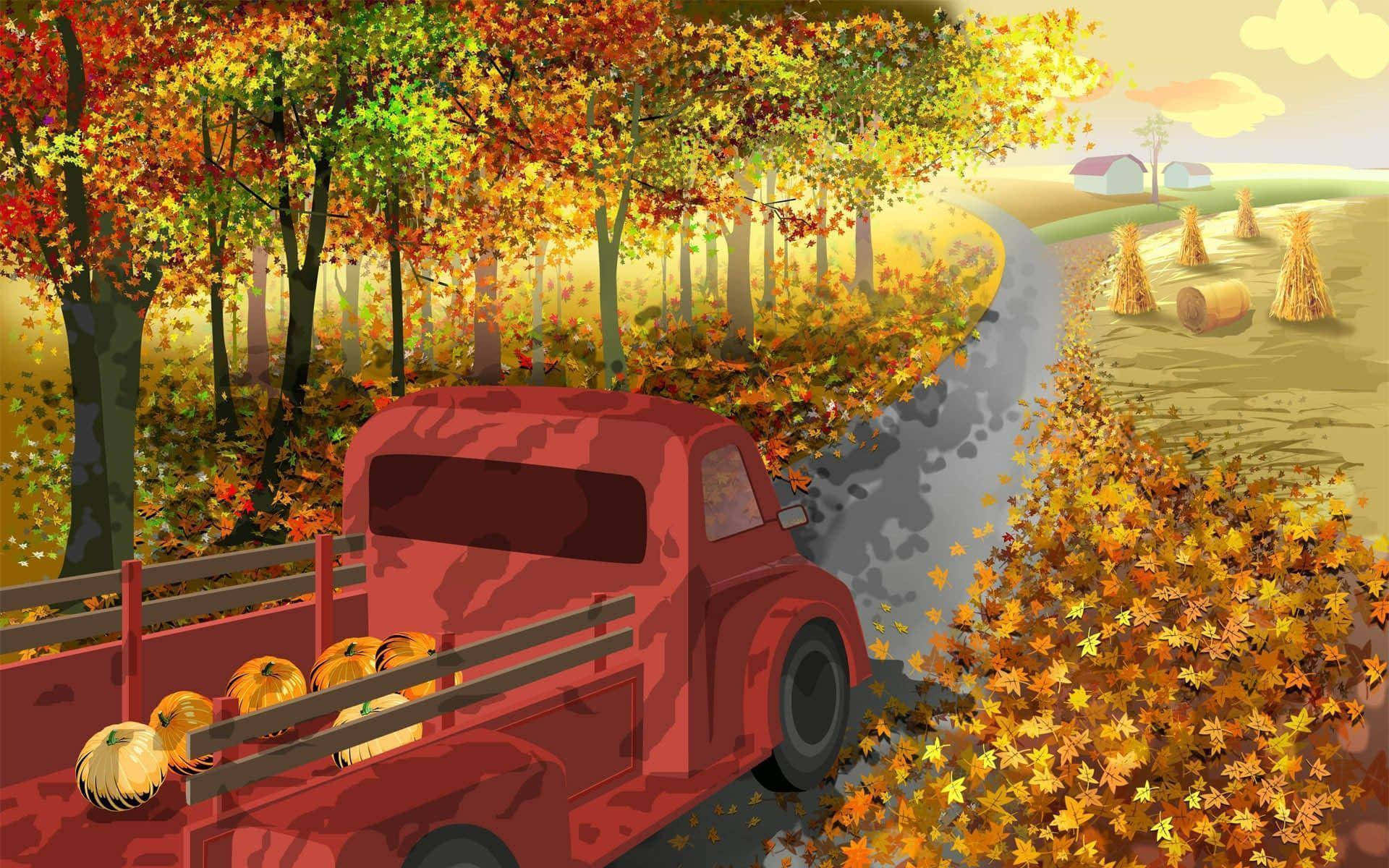 red vintage truck, pumpkins, leaf-strewn road, Full HD Desktop Wallpaper