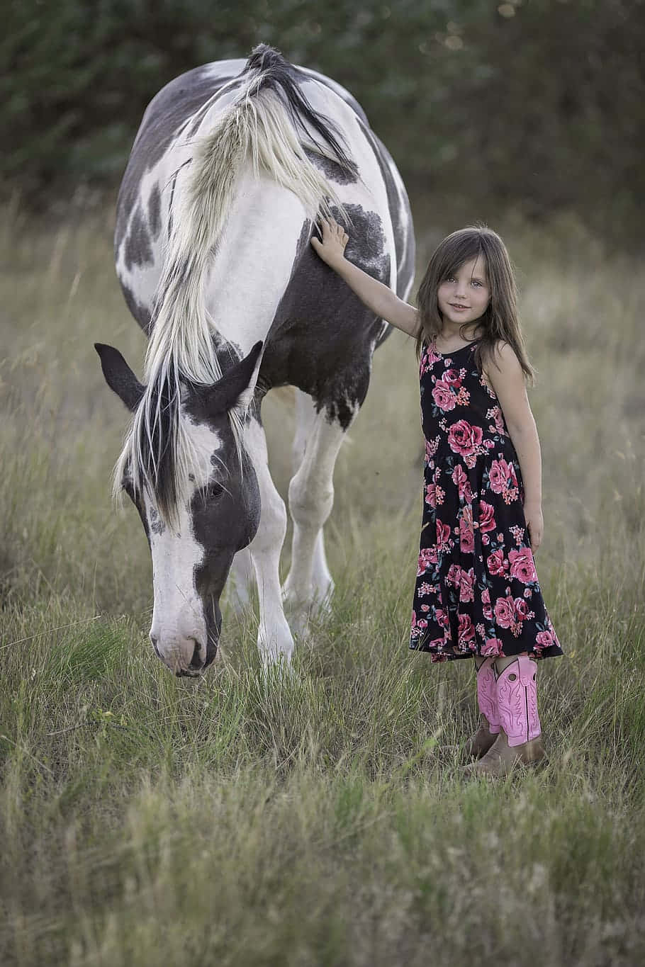 cute country girl, floral dress, black and white horse, HD Phone Wallpaper
